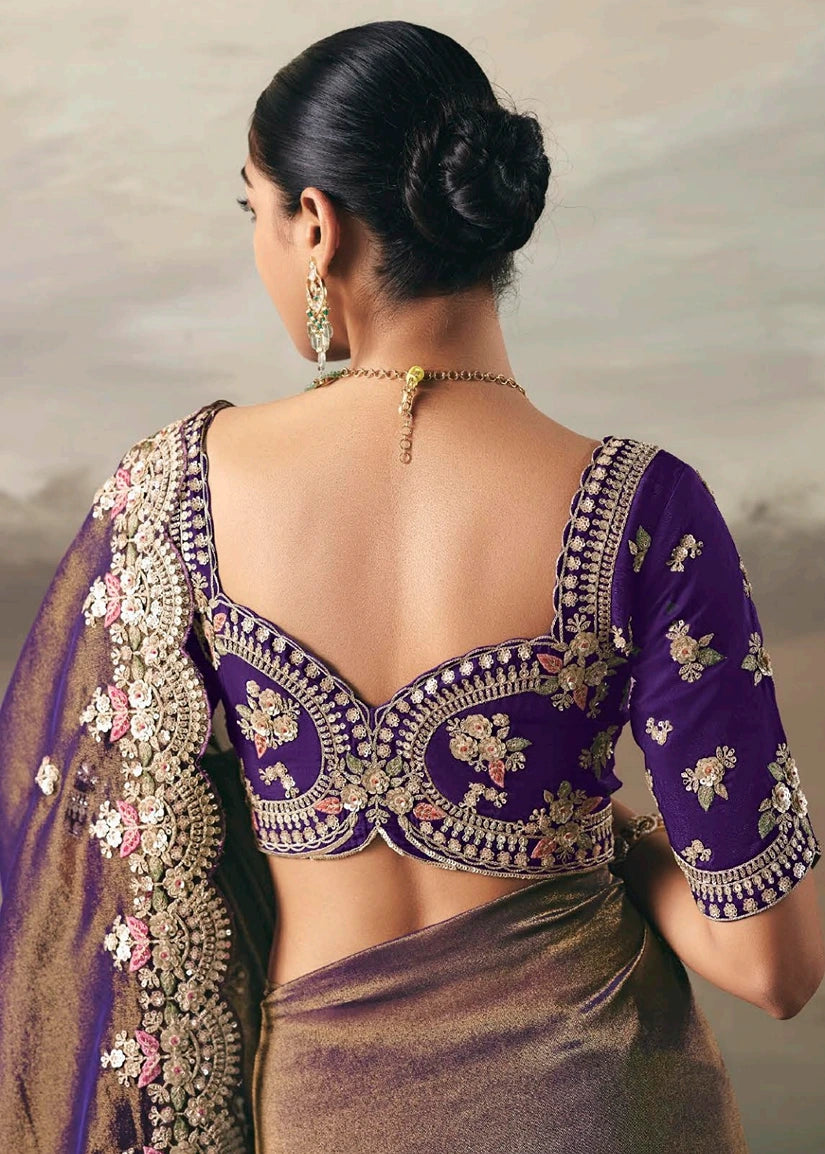 Metallic copper brown tissue silk bridal saree sale online with violet purple blouse draped elegantly. 