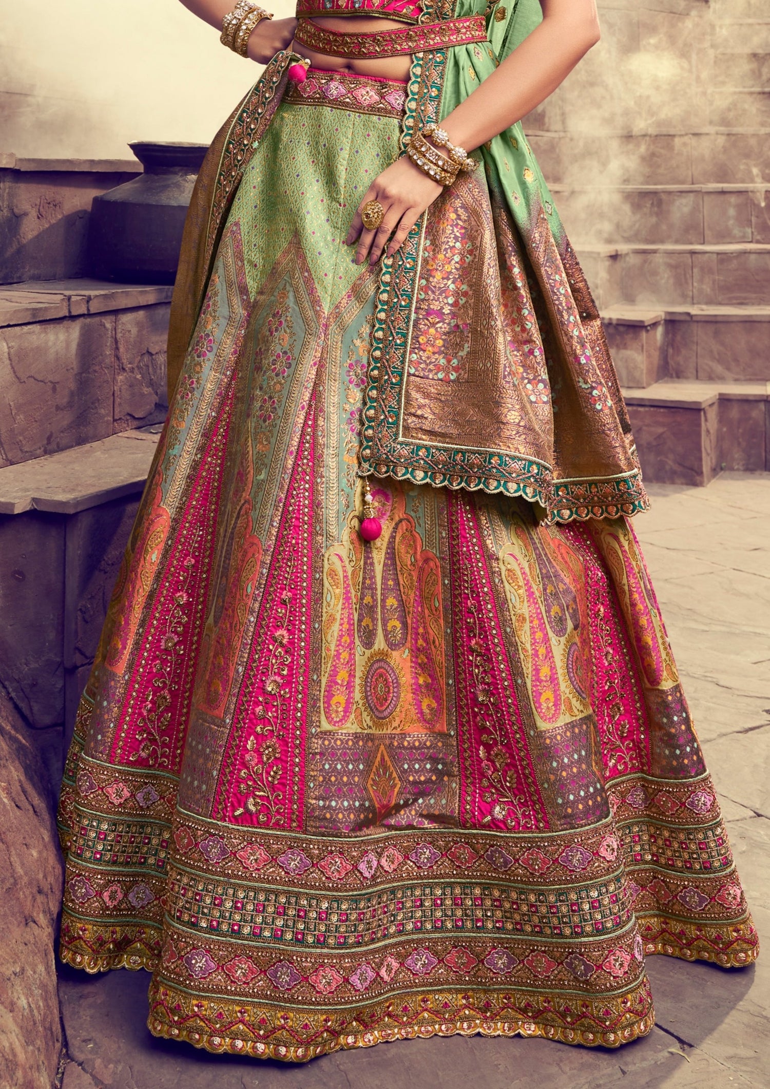 Mint green and pink banarasi silk unstitched bridal lehenga choli online buy.