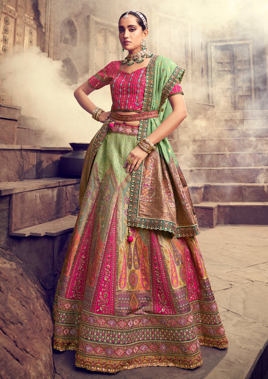 Mint green and pink banarasi silk unstitched bridal lehenga choli online for bride.