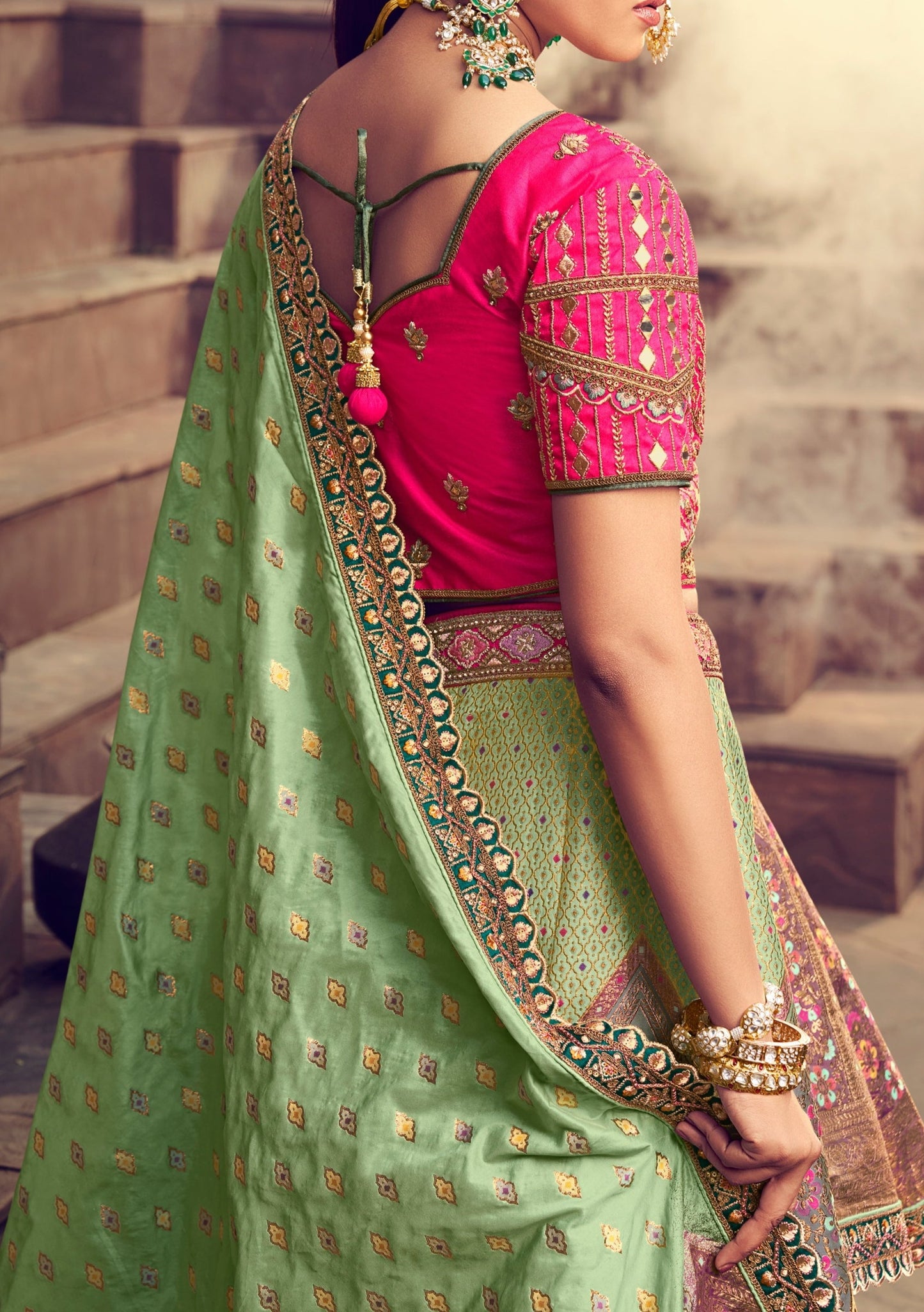 Mint green and pink banarasi silk unstitched bridal lehenga choli online shopping.