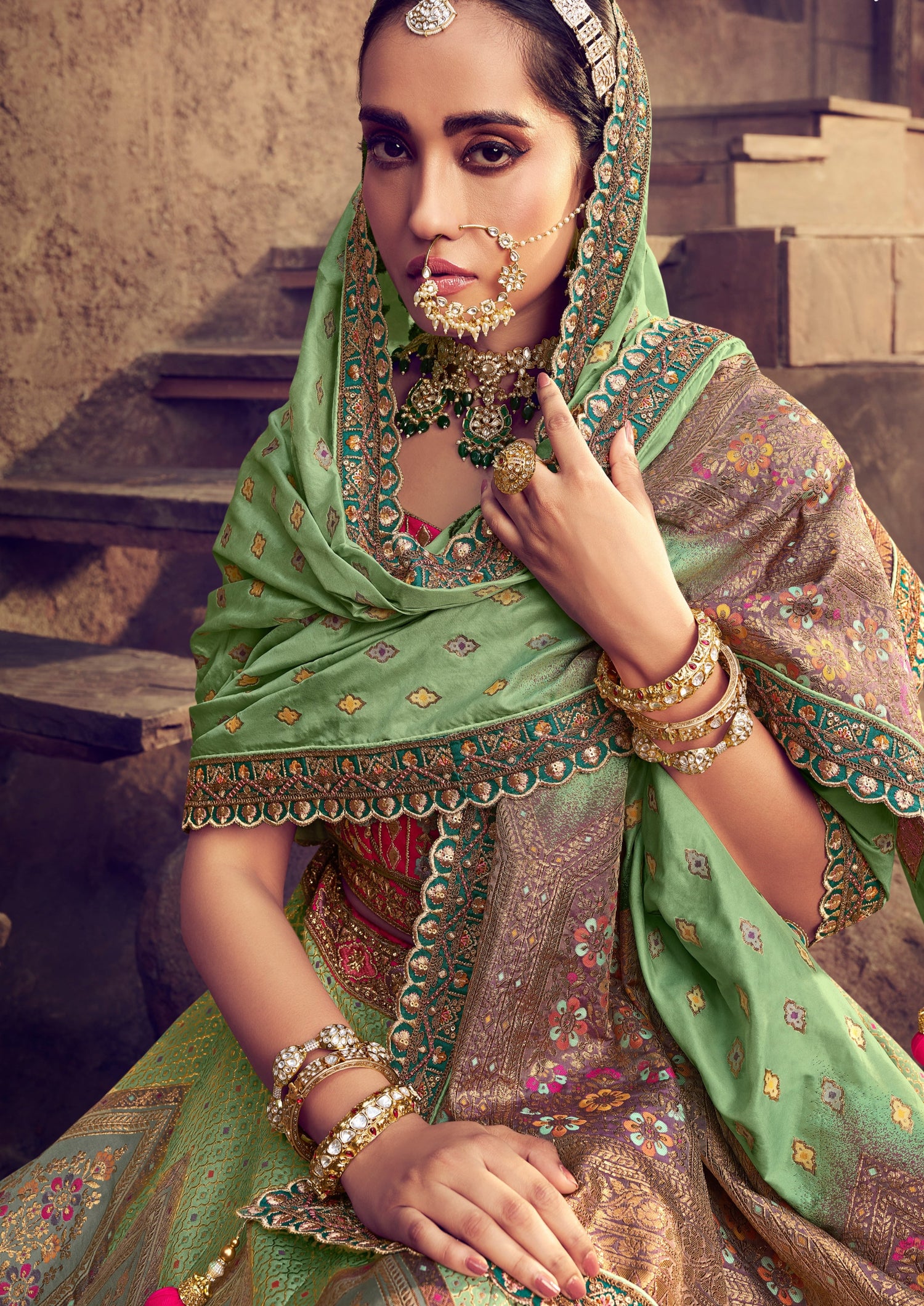 Mint green and pink banarasi silk unstitched bridal lehenga choli online usa price.