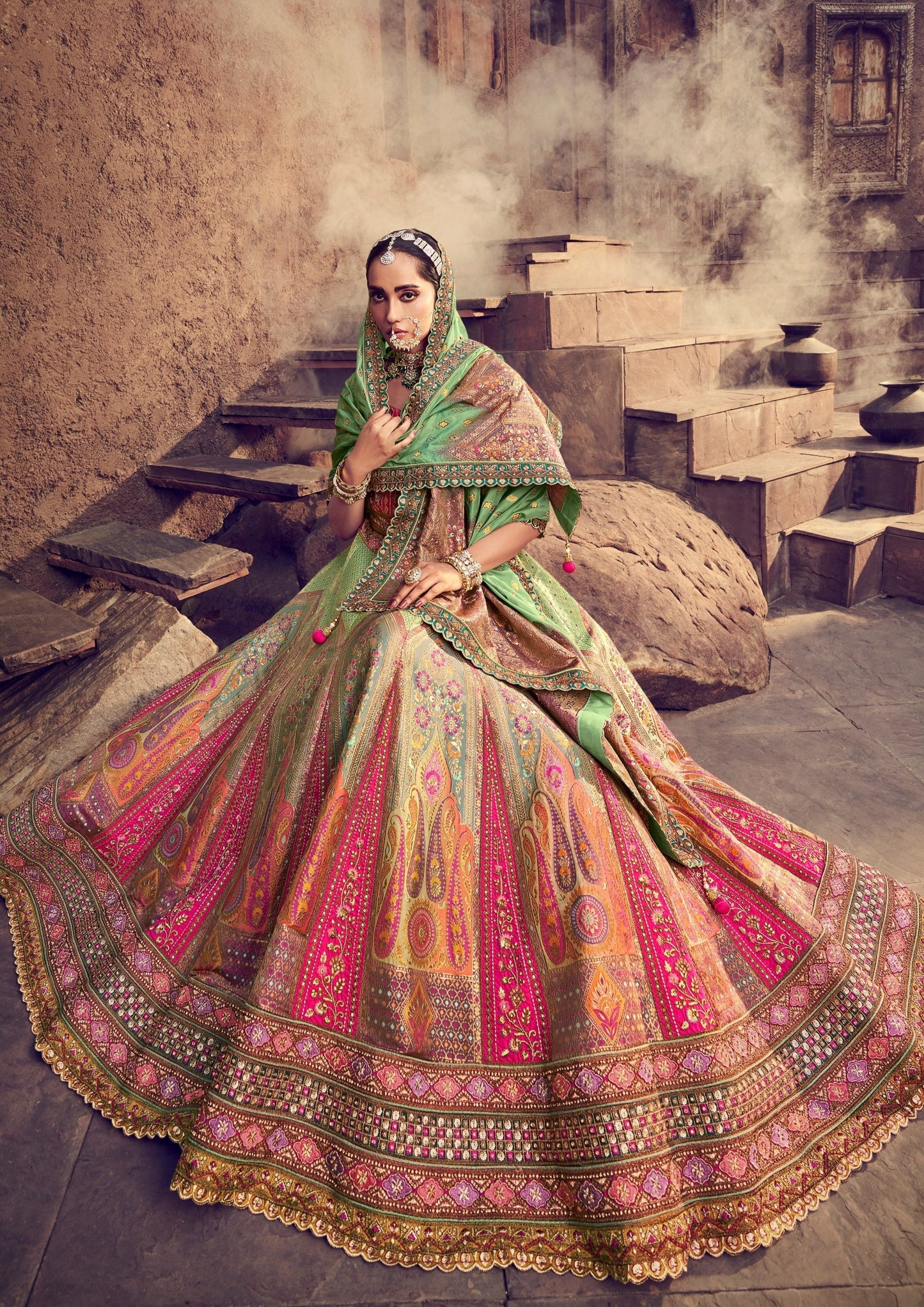 Mint green and pink banarasi silk unstitched bridal lehenga choli online usa uk.