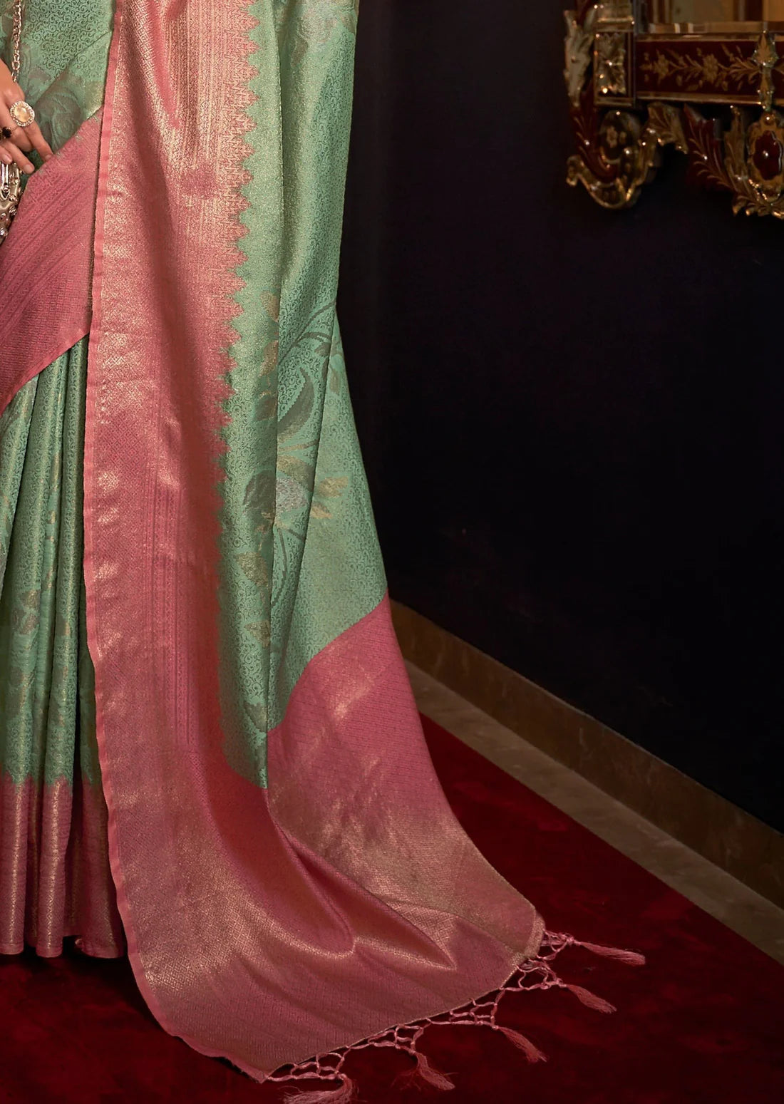 mint green saree design with contrast pink border