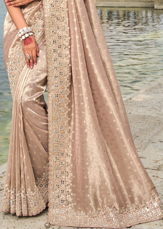 Mirror work peach banarasi saree online with bead embellishments for festive occasions, available at best price.