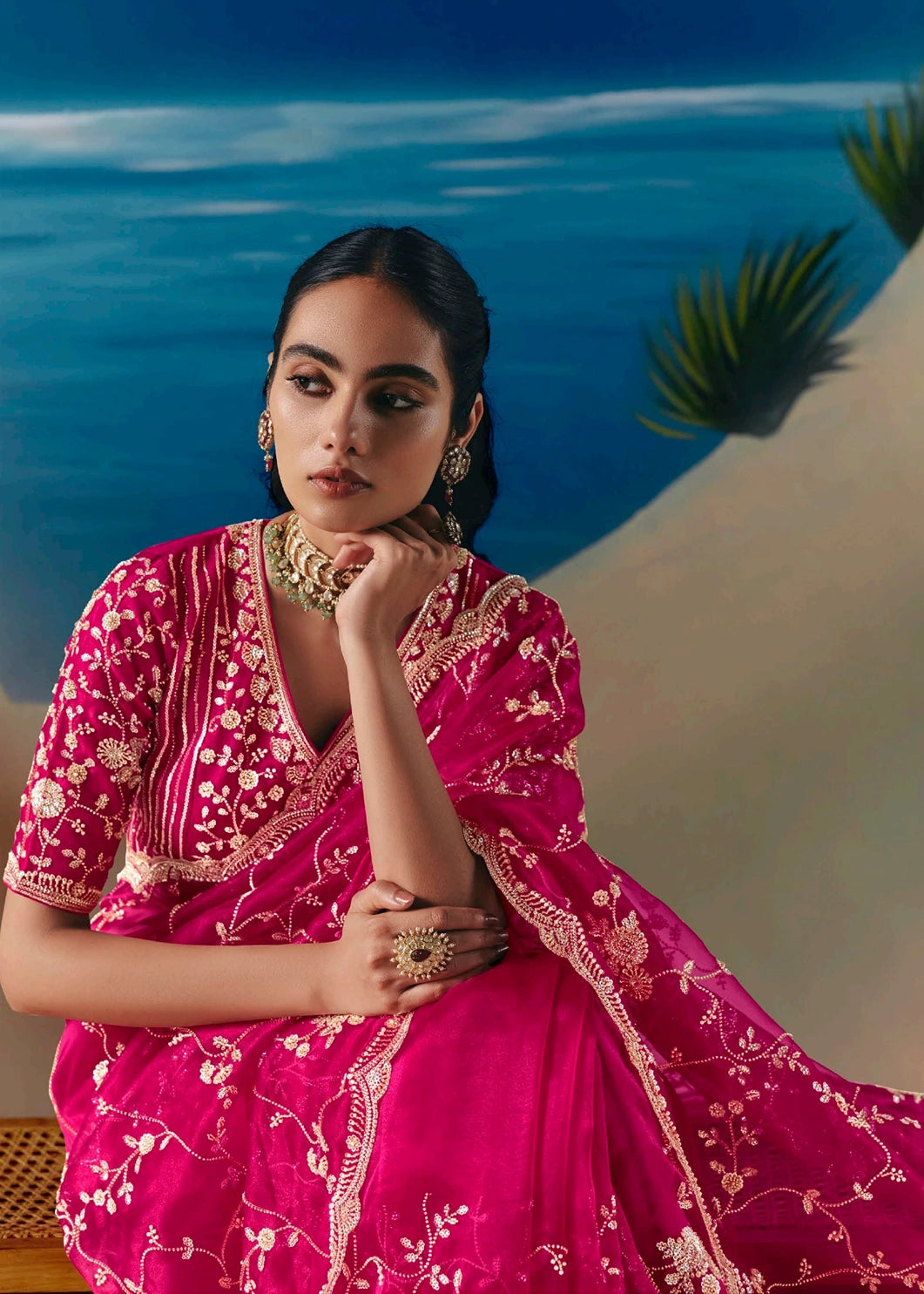 Modern bridal contemporary pinkish red tissue organza saree style with delicate beadwork and sequin hand embroidery perfect for cocktail and sangeet bridal look.