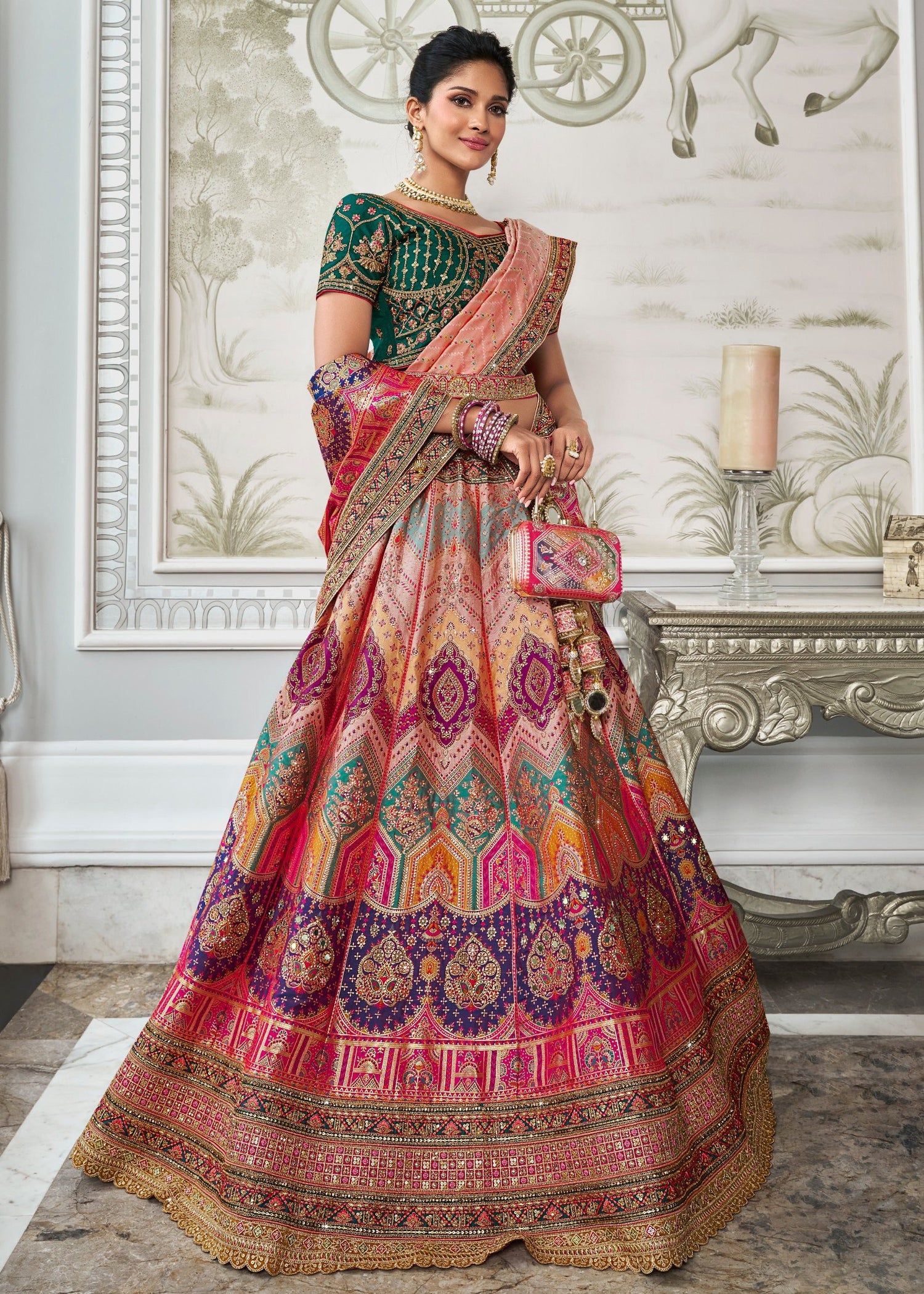 Multicolor banarasi silk lehenga choli in london uk online shopping for wedding function and bridal wear with contrast dark green blouse.