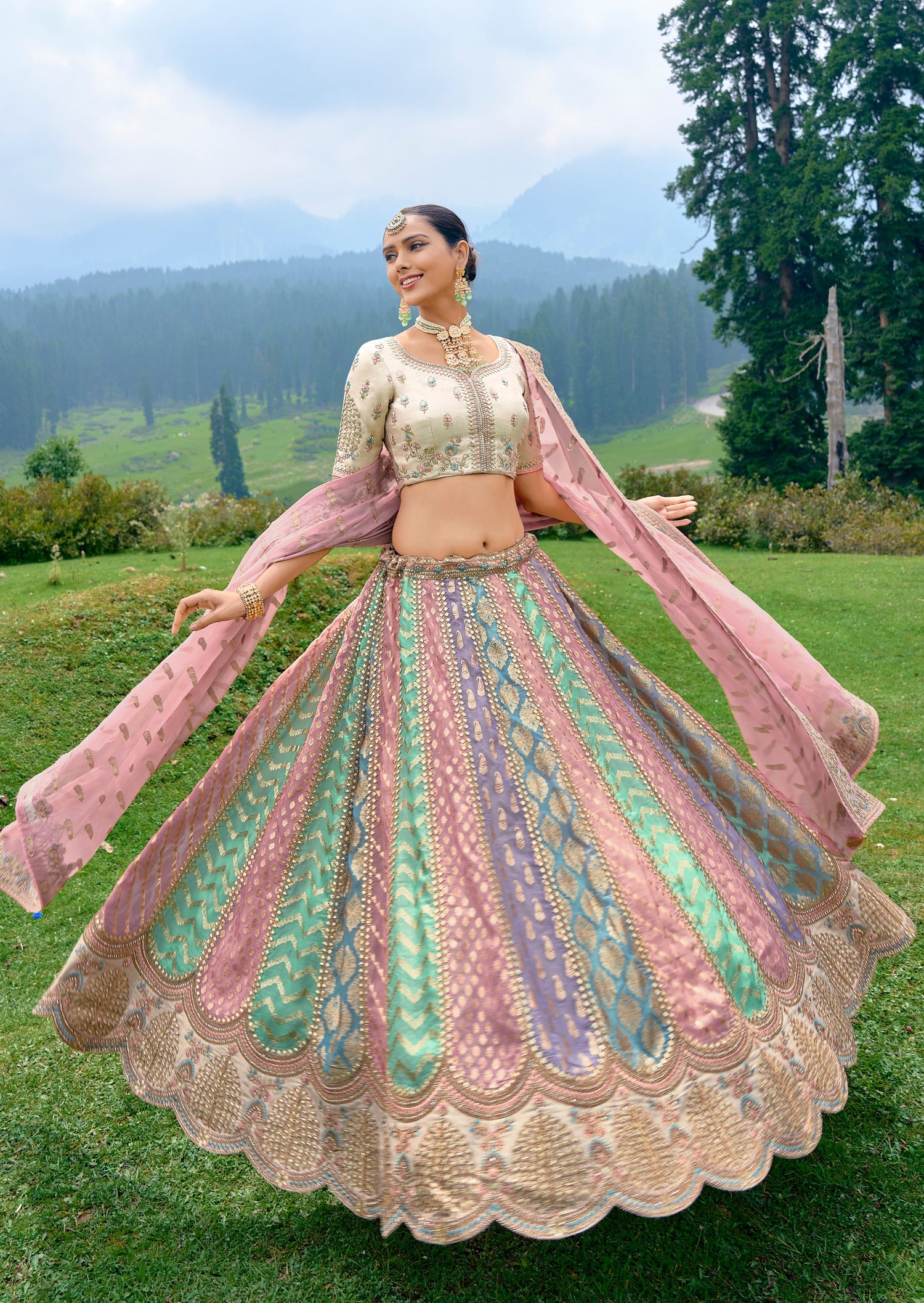 Multicolor pastel pure banarasi silk bridal luxury lehenga choli online for bride usa.