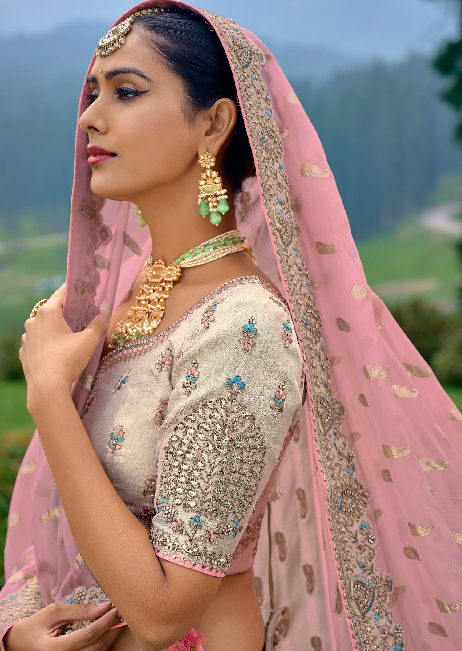 Multicolor pastel pure banarasi silk bridal lehenga choli online price for bride usa.