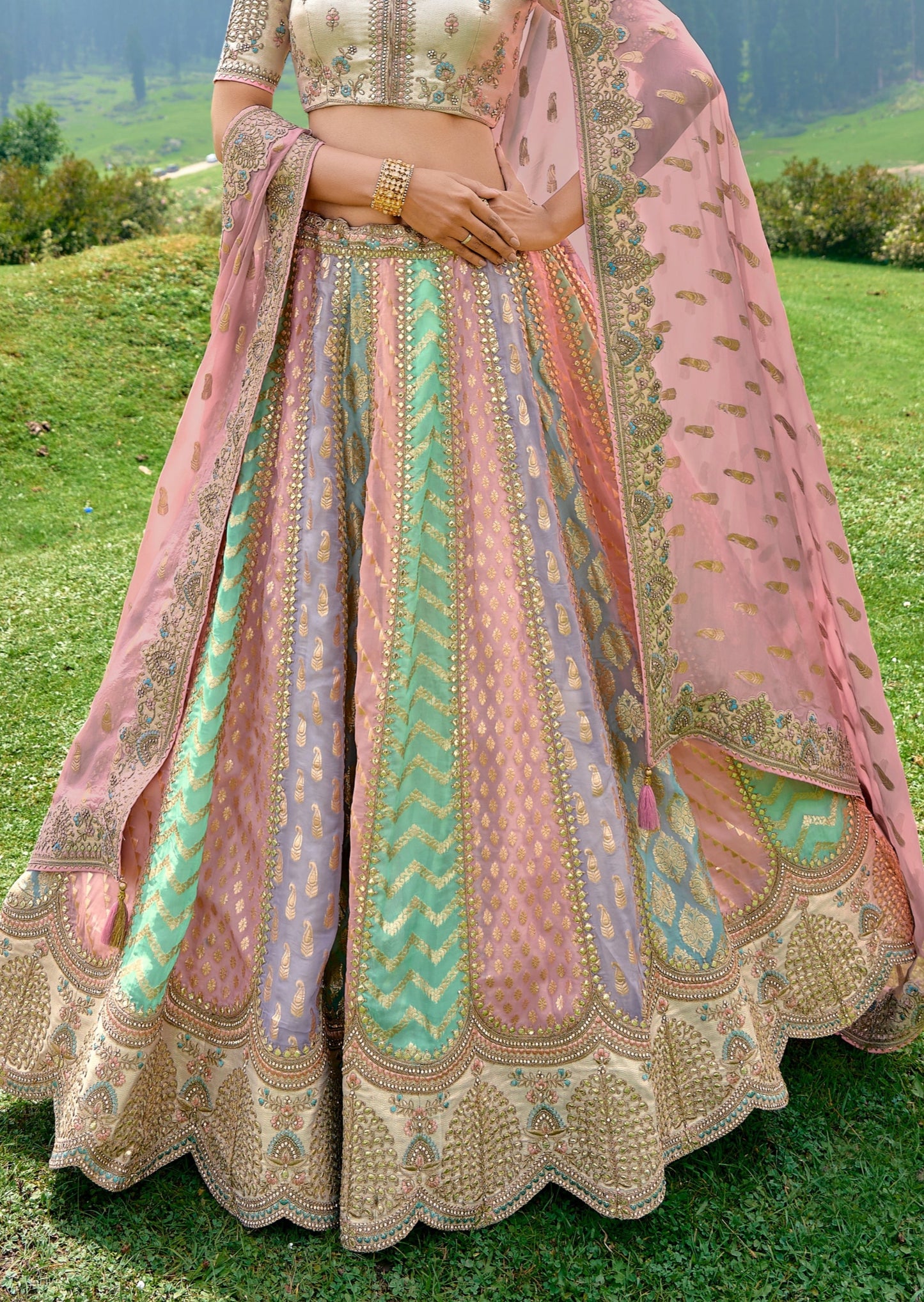Multicolor pastel pure banarasi silk bridal lehenga choli online buy for bride usa uk.