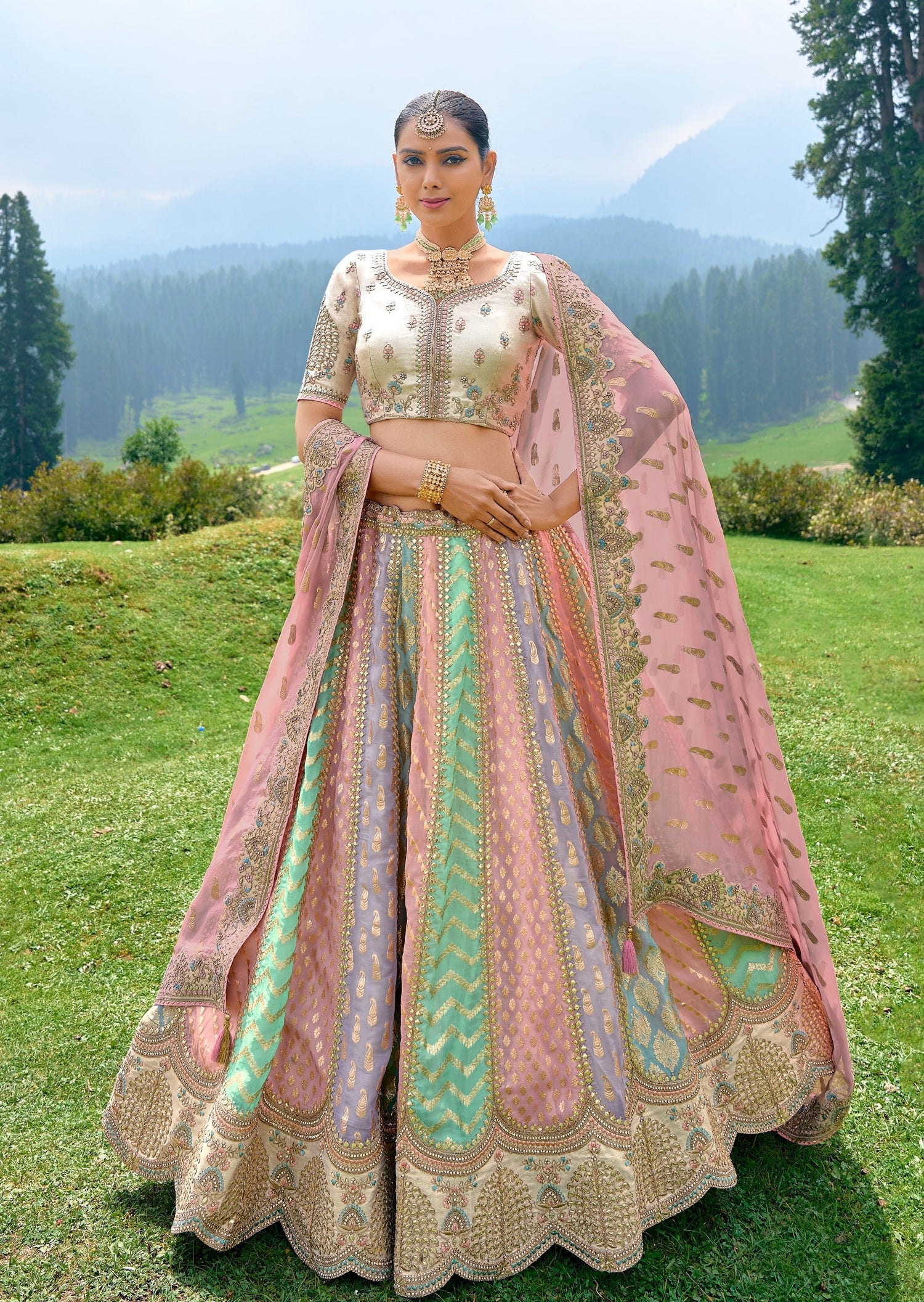 multicolor pastel pure banarasi silk bridal lehenga choli online bride usa uk