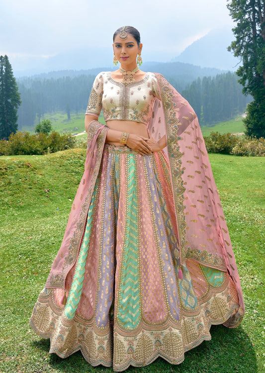 Multicolor pastel pure banarasi silk bridal lehenga choli online shop for bride usa uk.