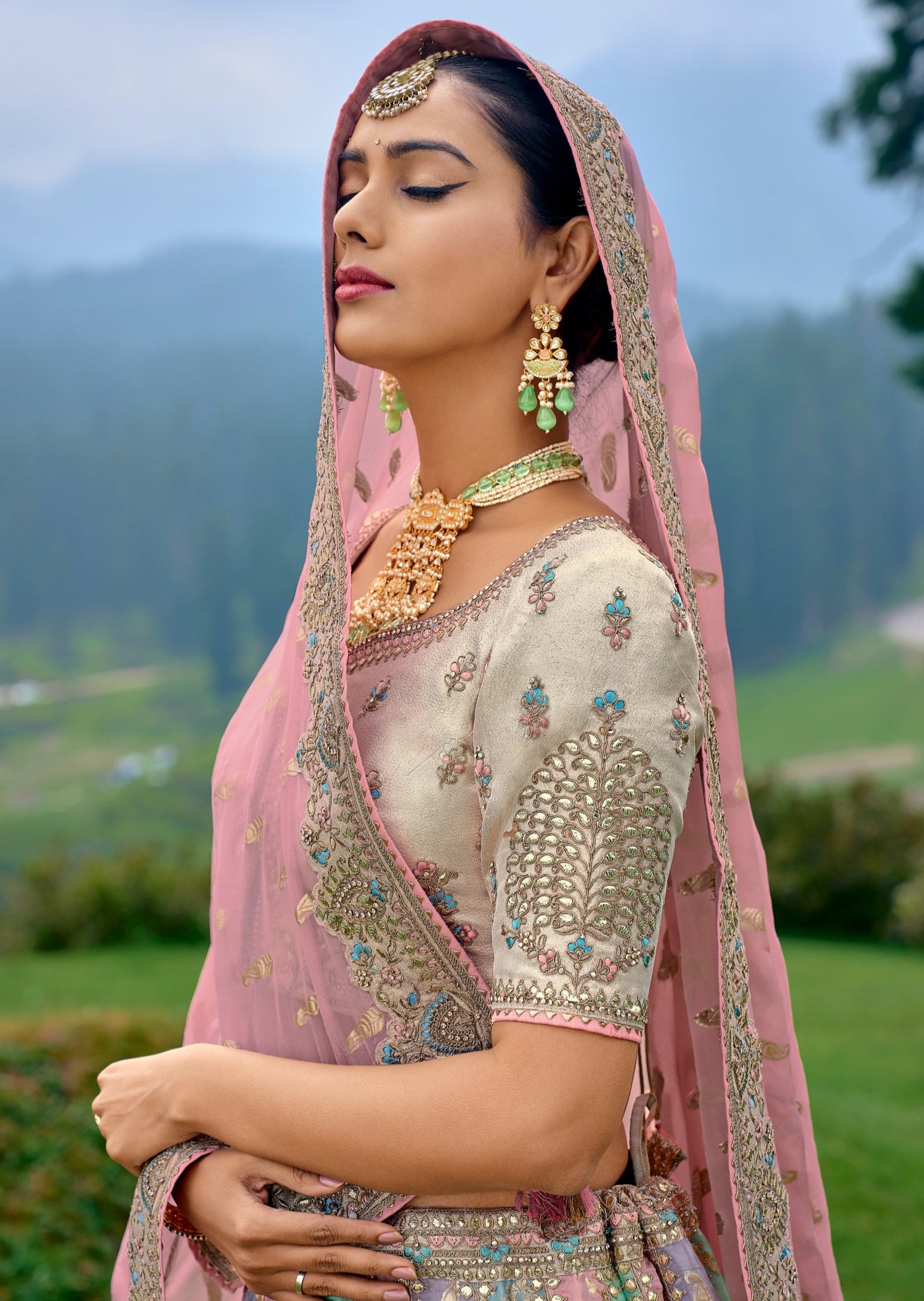 Multicolor pastel pure banarasi silk bridal lehenga choli online for bride wedding usa.