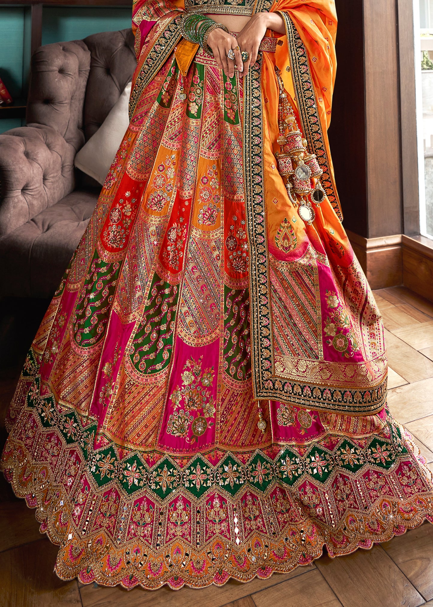 Yellow Multicolor Banarasi Silk Unstitched Lehenga Choli