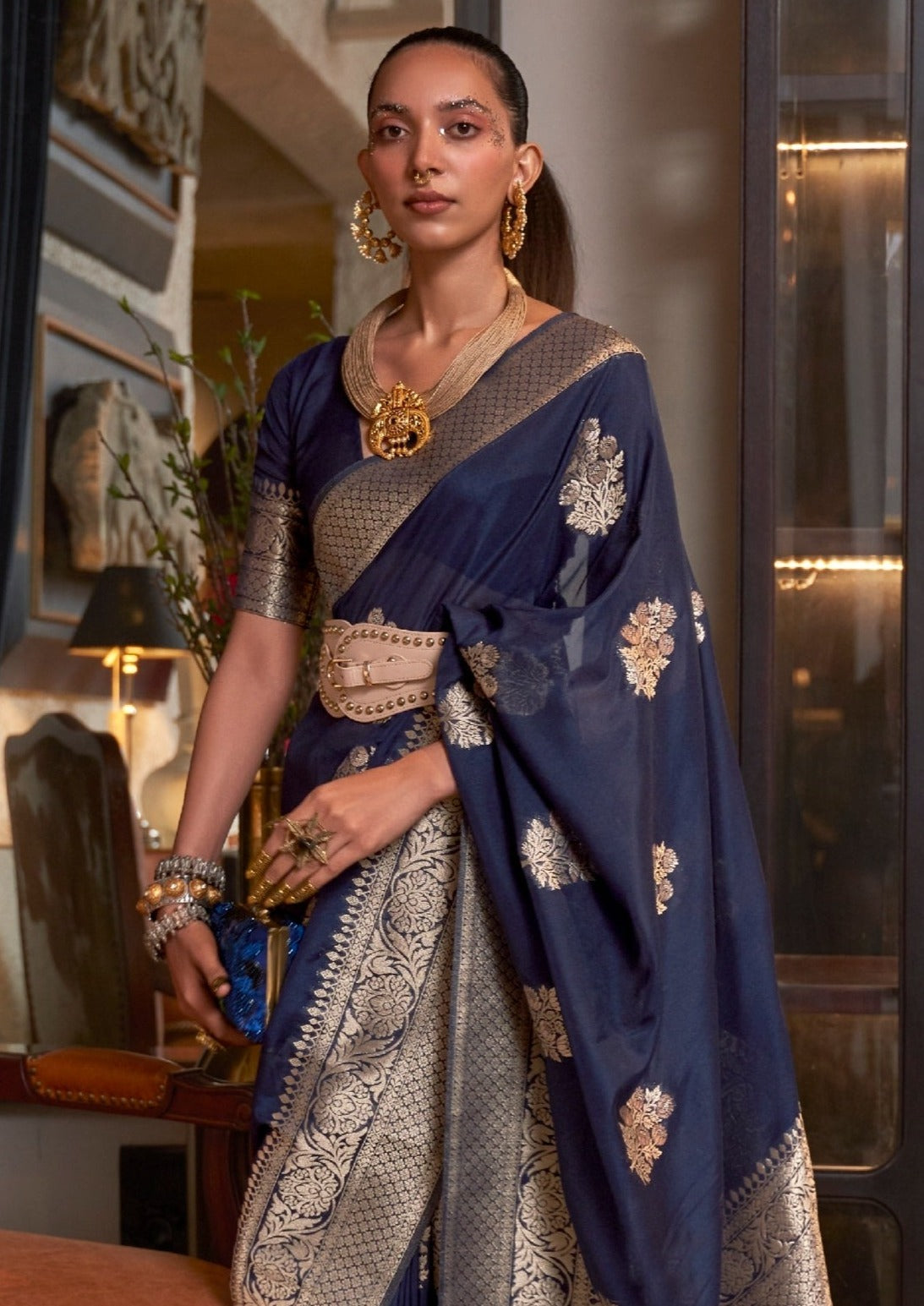 Woman in navy blue khaddi georgette banarasi saree blouse online price.