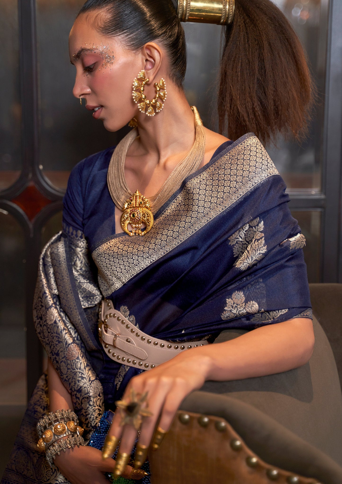 Pure navy blue khaddi georgette banarasi saree blouse online usa price.