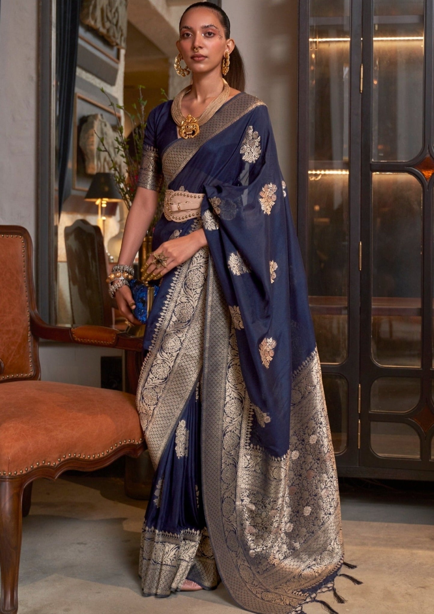 Navy blue khaddi georgette banarasi zari saree blouse design online india.