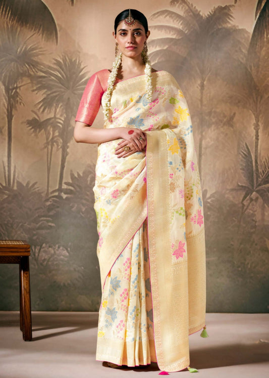 Banarasi Silk Off White Handloom Saree with Contrast Pink Blouse