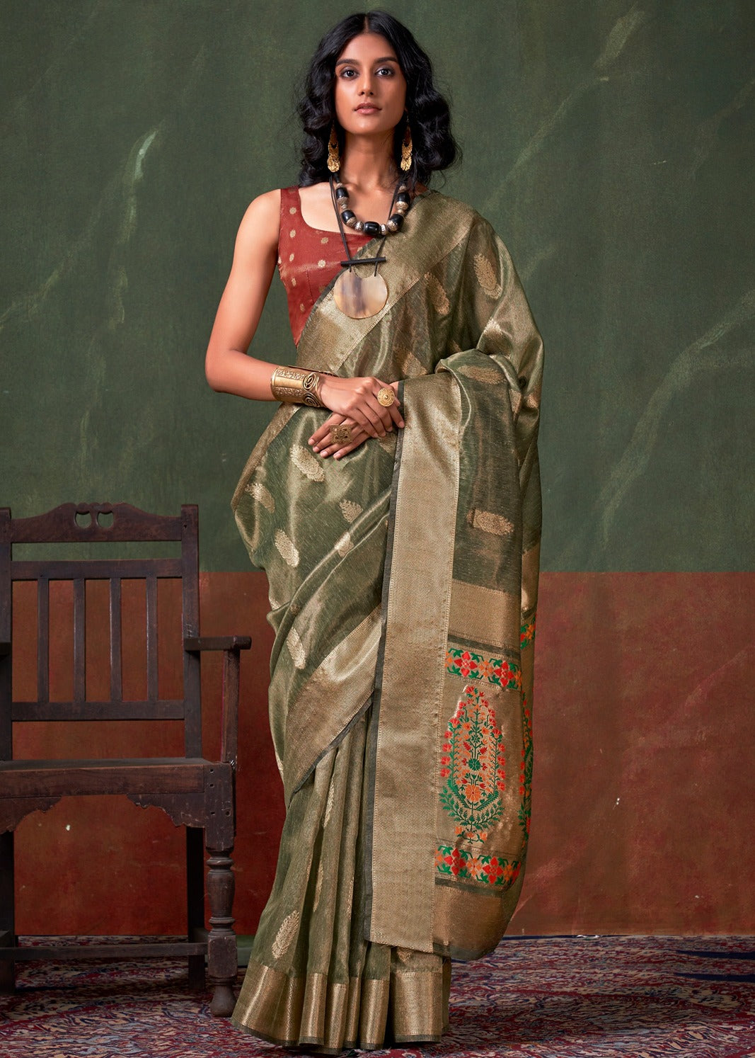 Pure Banarasi Tissue Silk Olive Green Handloom Saree