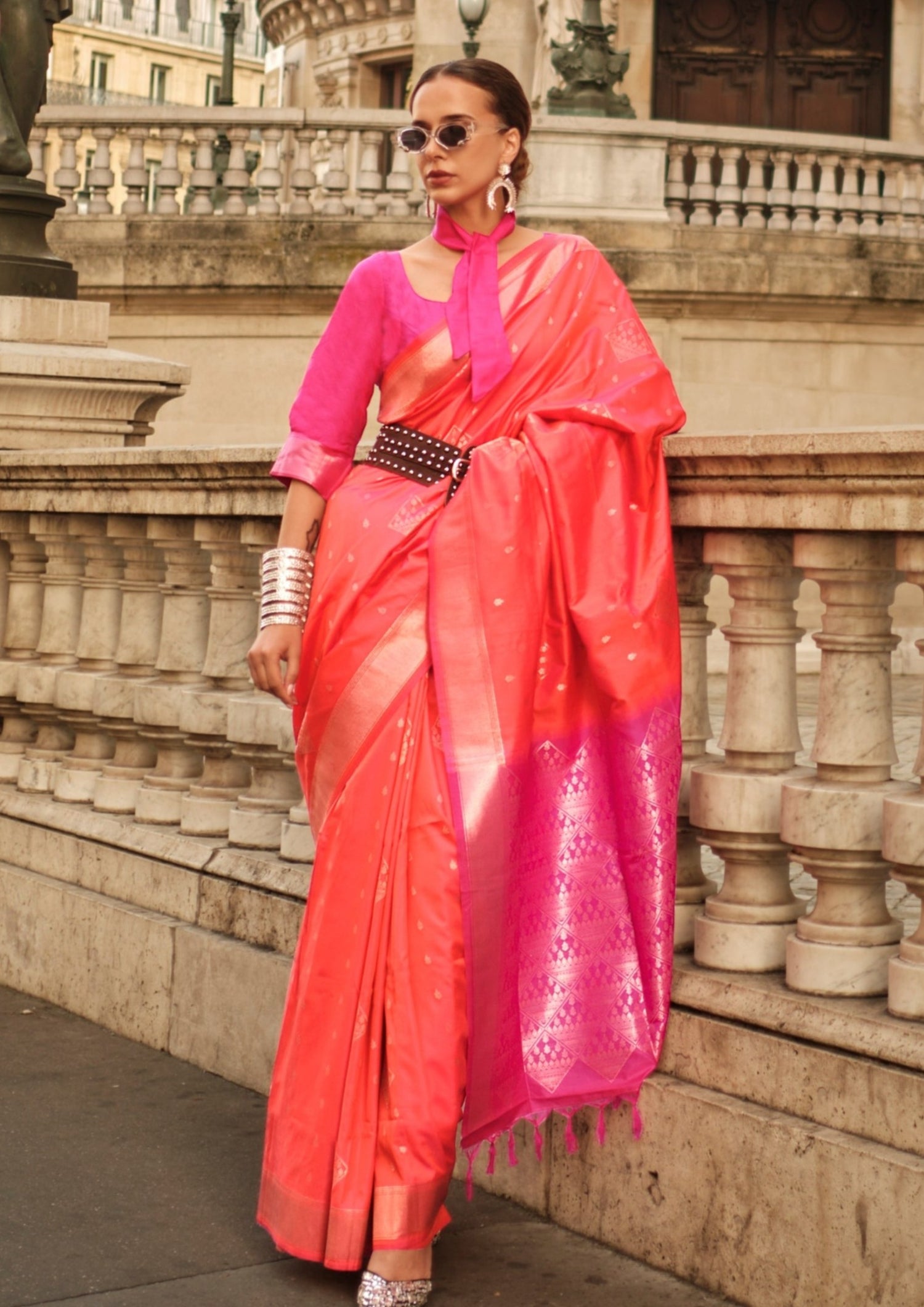 Buy orange handloom kanjivaram saree pink blouse online shopping price for wedding.