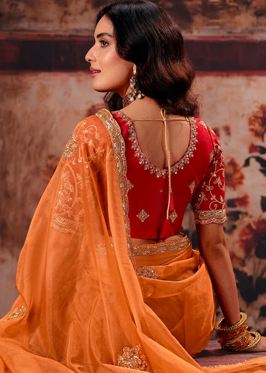 A woman shown from the back wearing a traditional orange silk saree with a bright red embroidered blouse, draped over her.