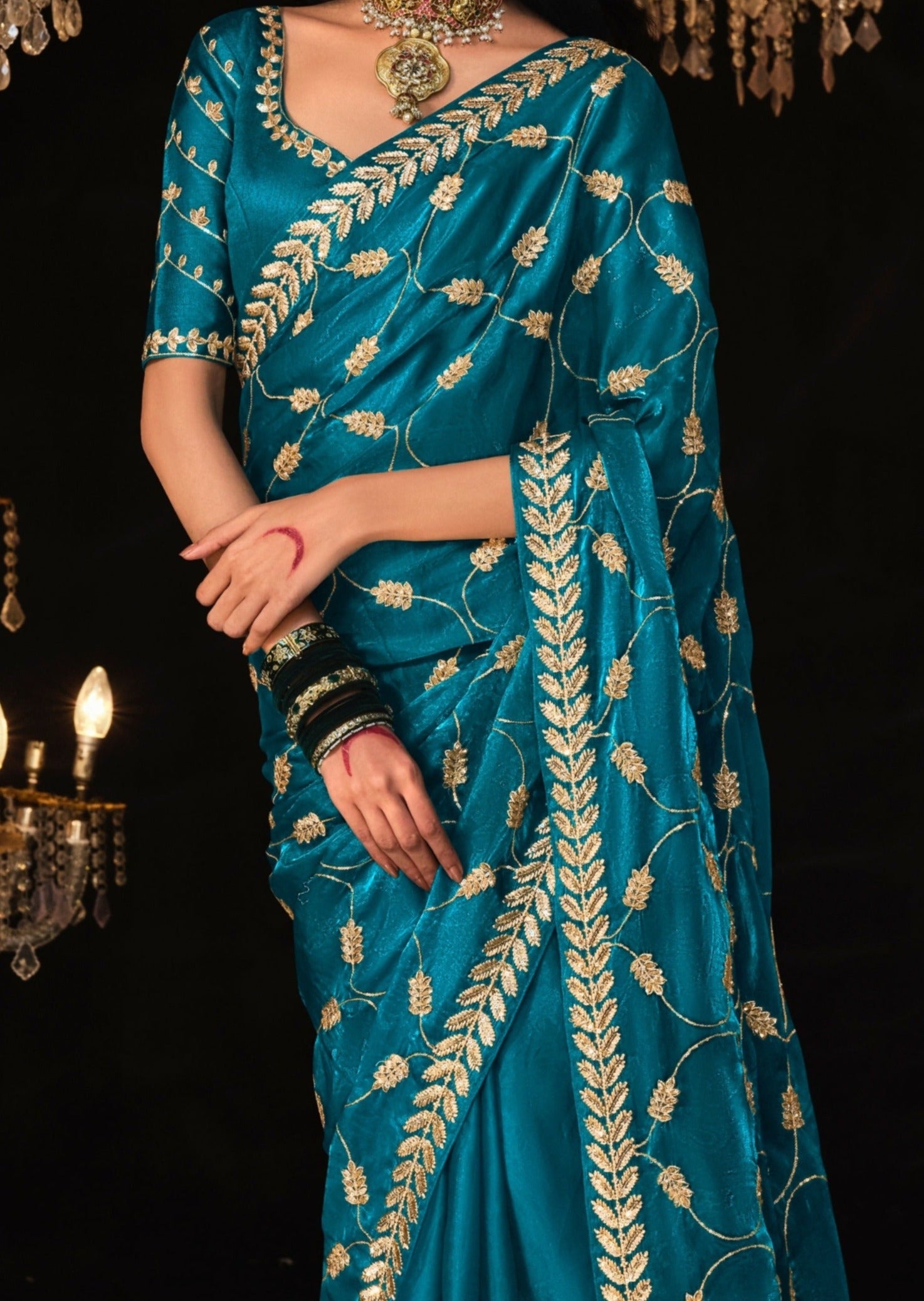 Pure organza embroidered blue designer saree usa online price.