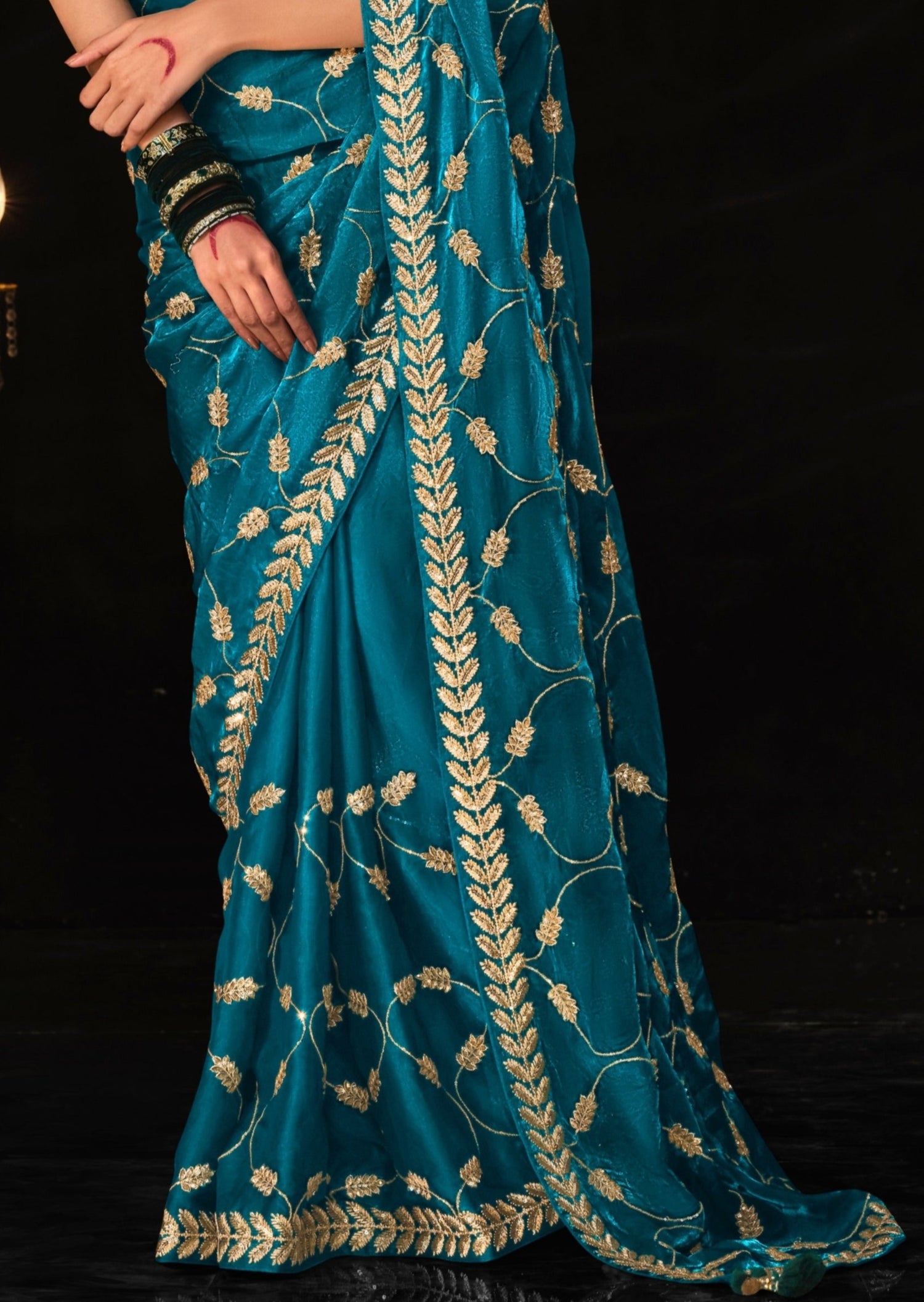 Pure organza hand embroidered blue designer saree usa online shopping.