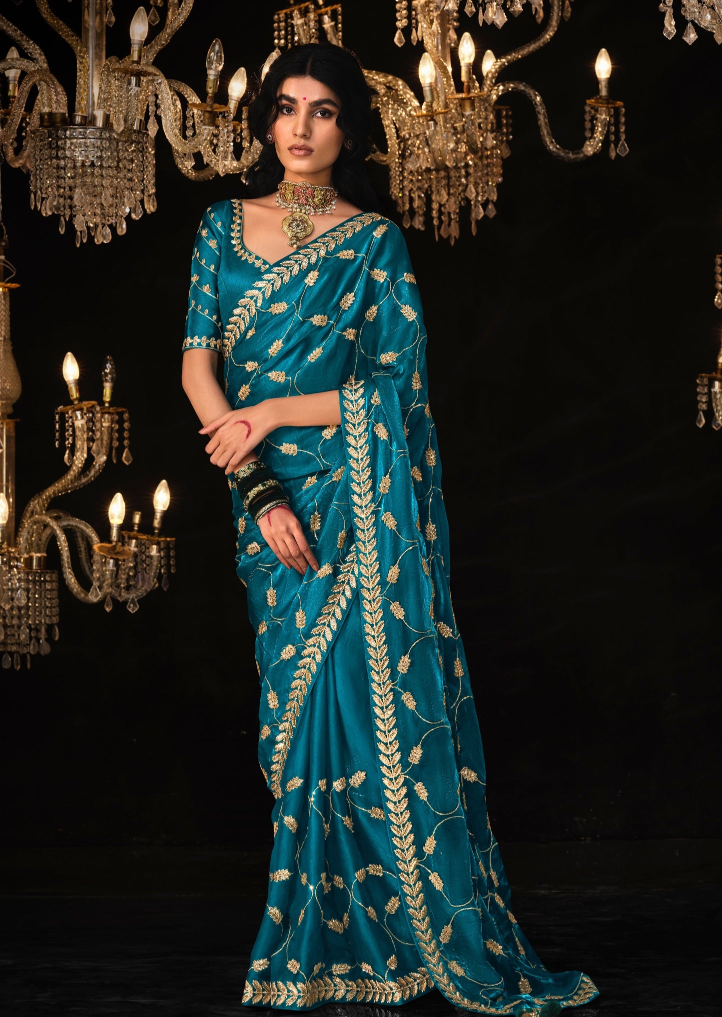 Pure organza embroidered blue designer saree usa online shopping.