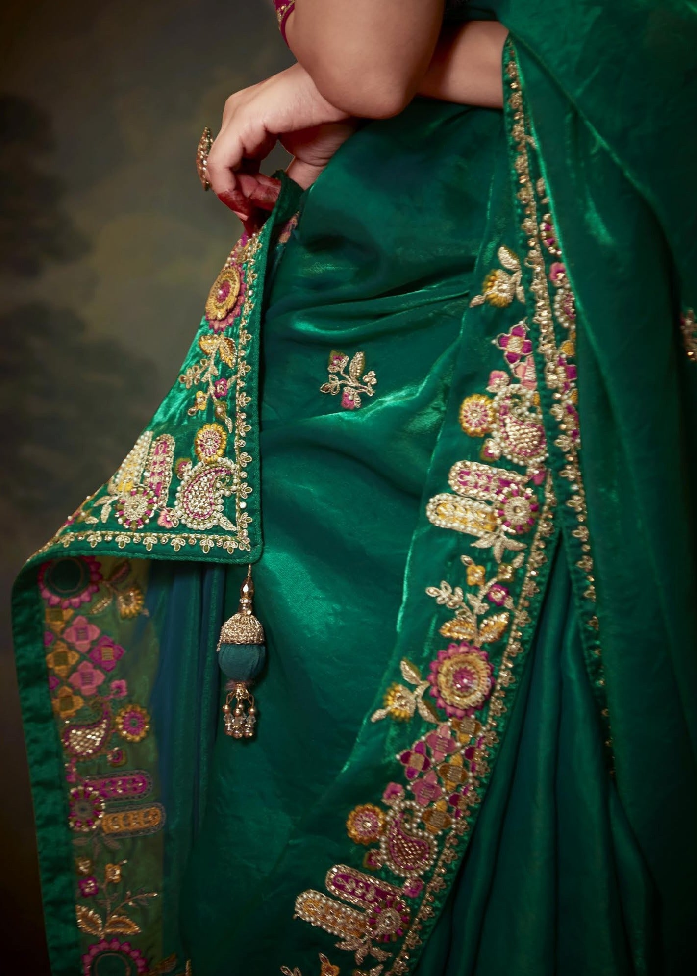 Green organza silk embroidery saree online design for wedding look.