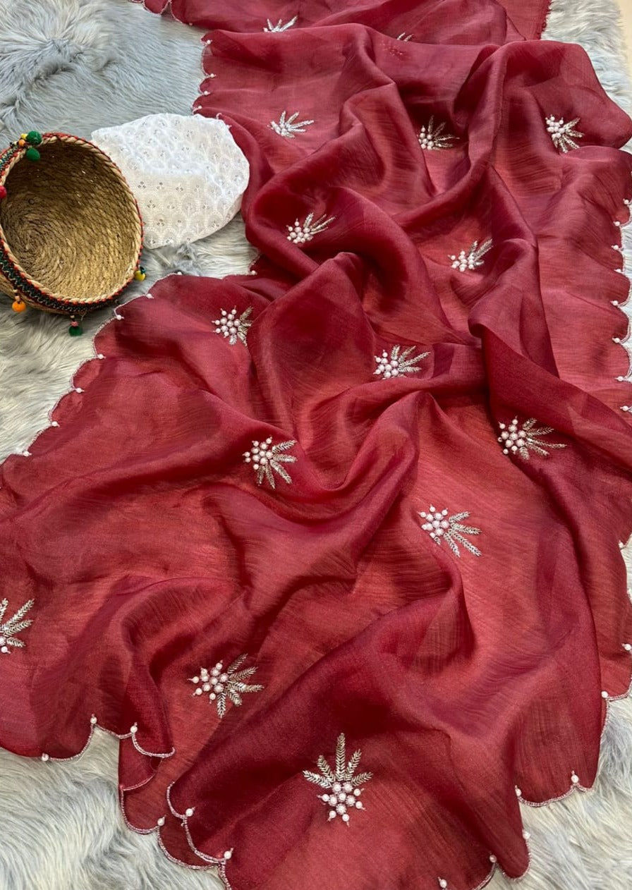 Red organza handwork saree with colour options online price usa.