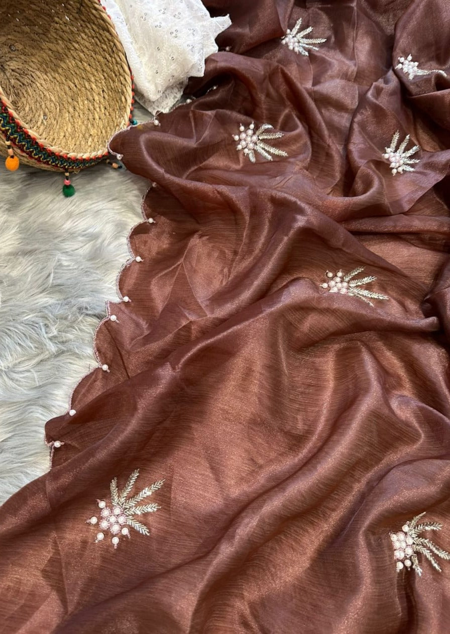 Rust brown organza handwork saree online shopping with price.