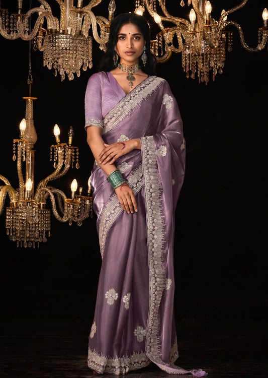 Pure organza purple saree with handwork embroidery for wedding function.