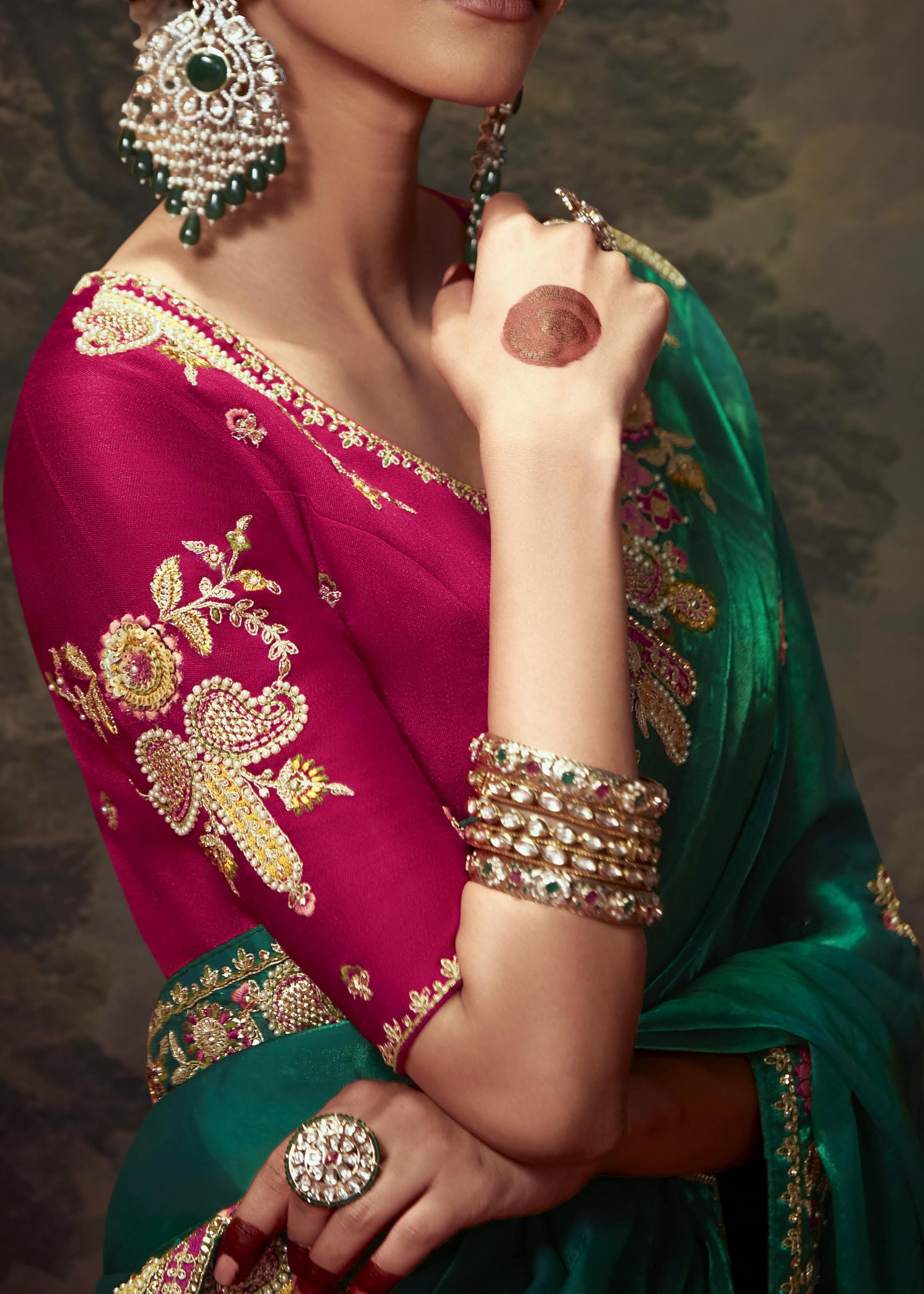 Pure organza silk embroidery green saree online with contrast red blouse for wedding.