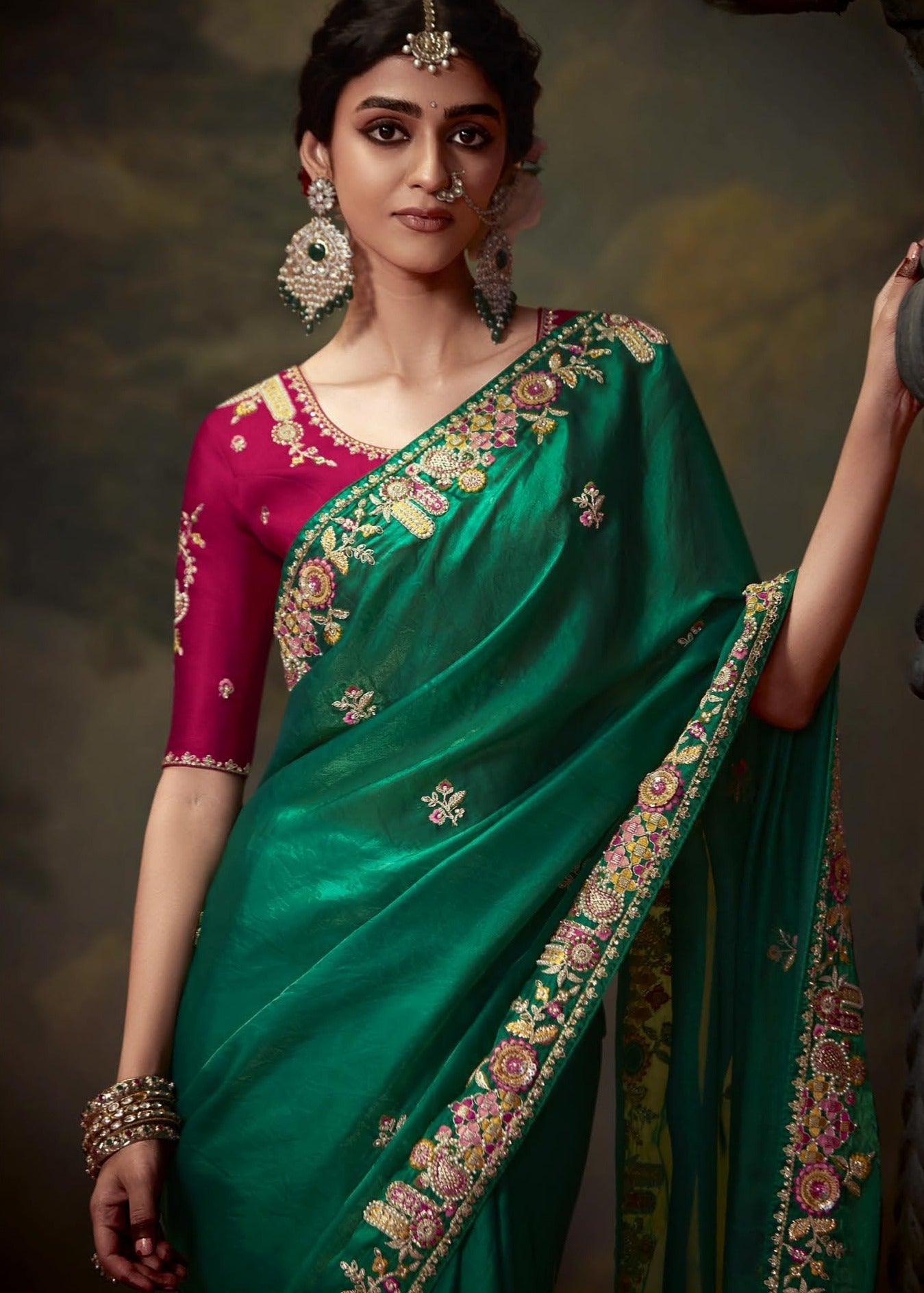 Green organza silk handwork saree online with red blouse for bride.