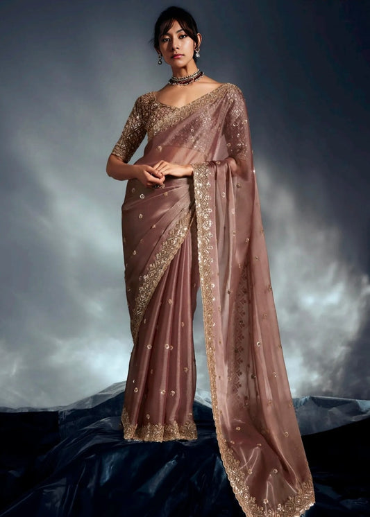 Brown organza tissue silk hand embroidered bridesmaids saree in usa for wedding, sangeet, festive wear and reception parties.