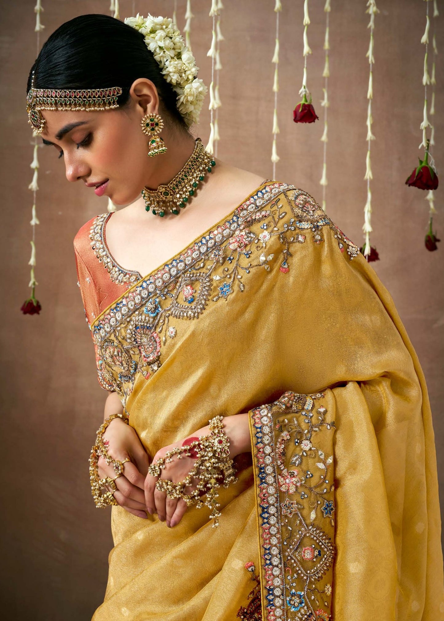 Organza tissue silk yellow embroidered saree uk online shopping price for wedding.