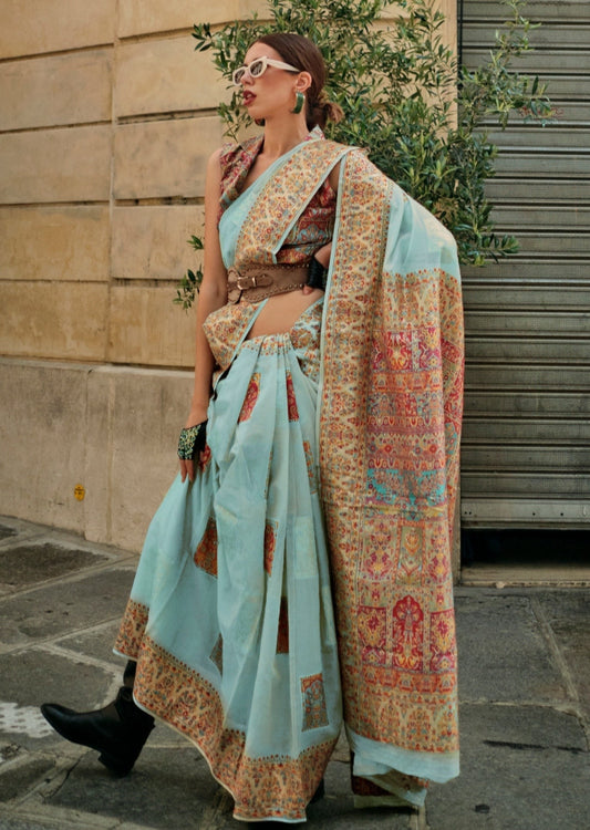 Original handloom kashmiri silk embroidered pastel blue saree online.