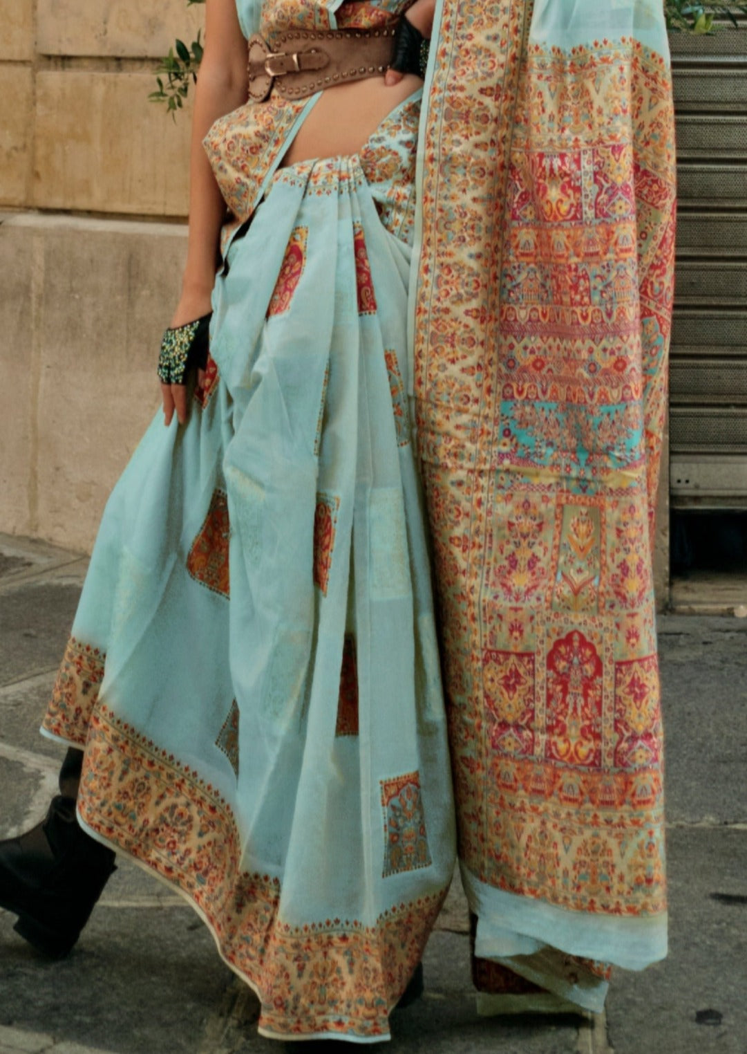 Original handloom kashmiri silk embroidered pastel sky blue saree online.