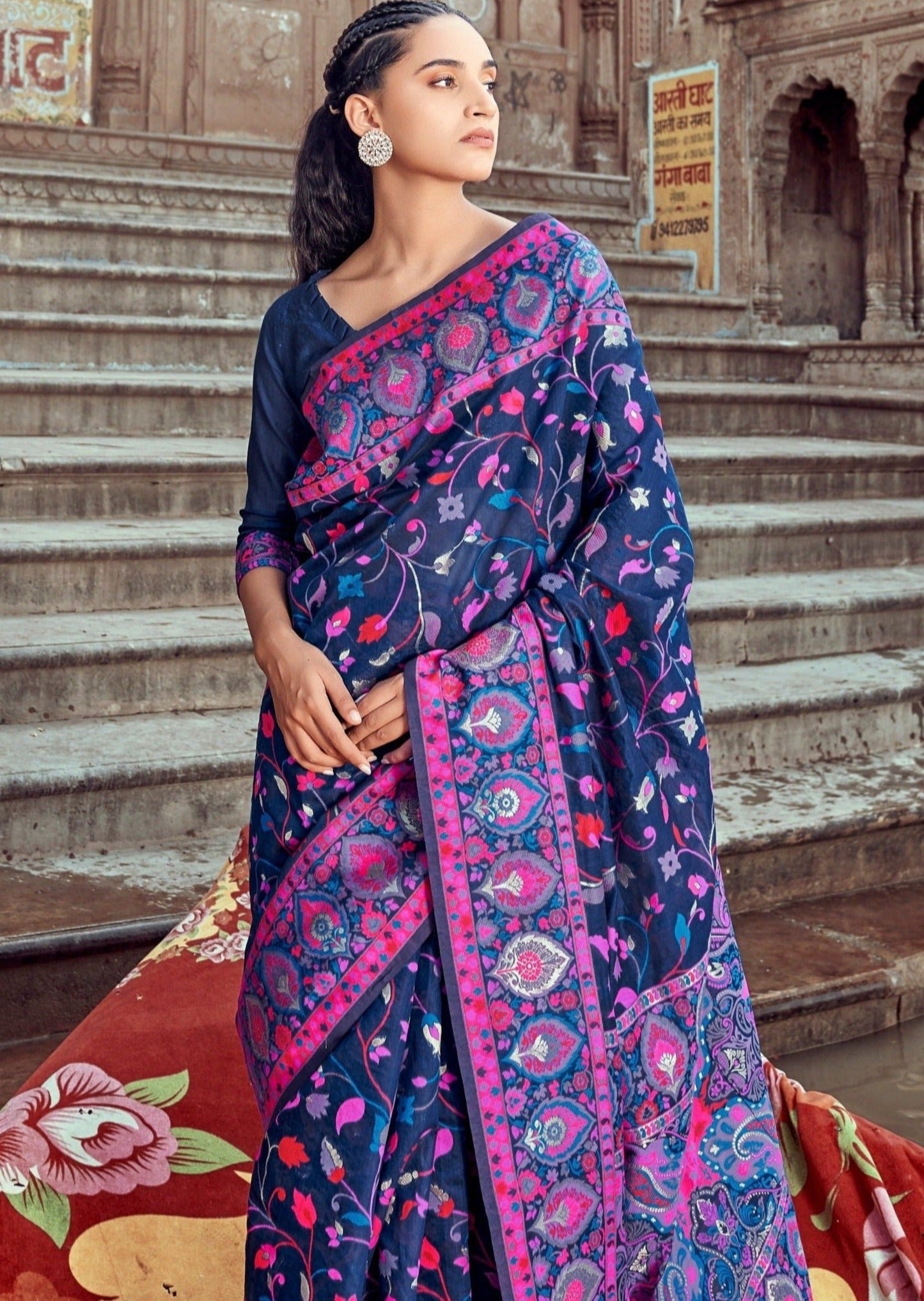 Original kashmiri jamawar blue pashmina bridal saree blouse design online shopping.