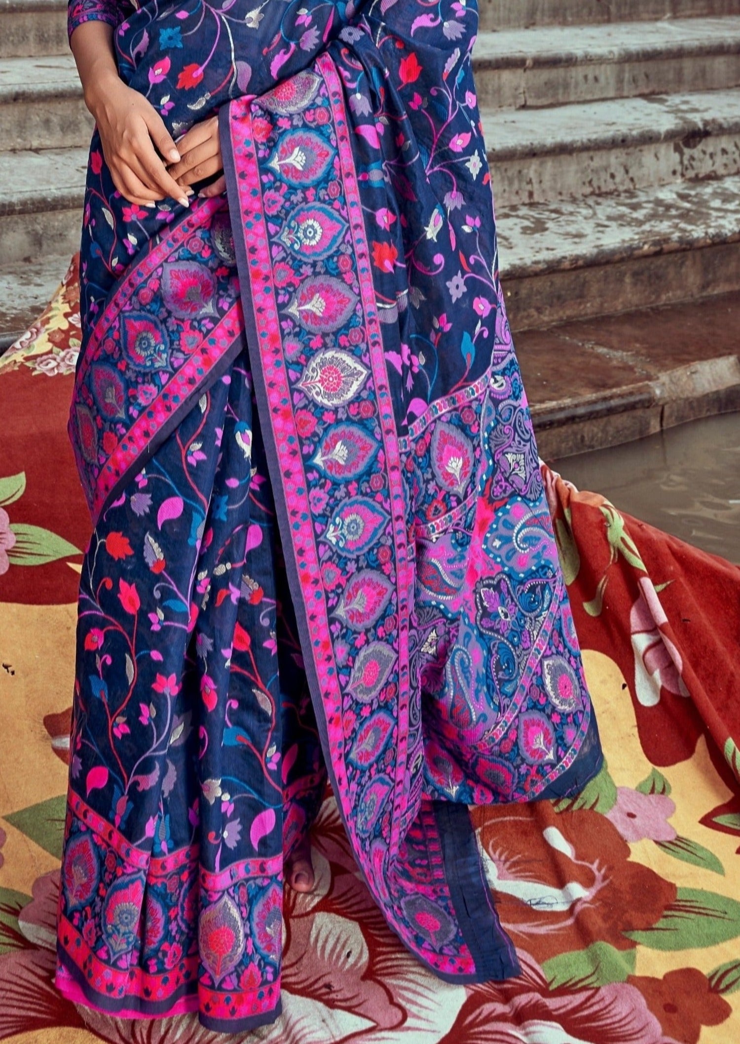 Original kashmiri jamawar blue pashmina bridal saree blouse designs online price.