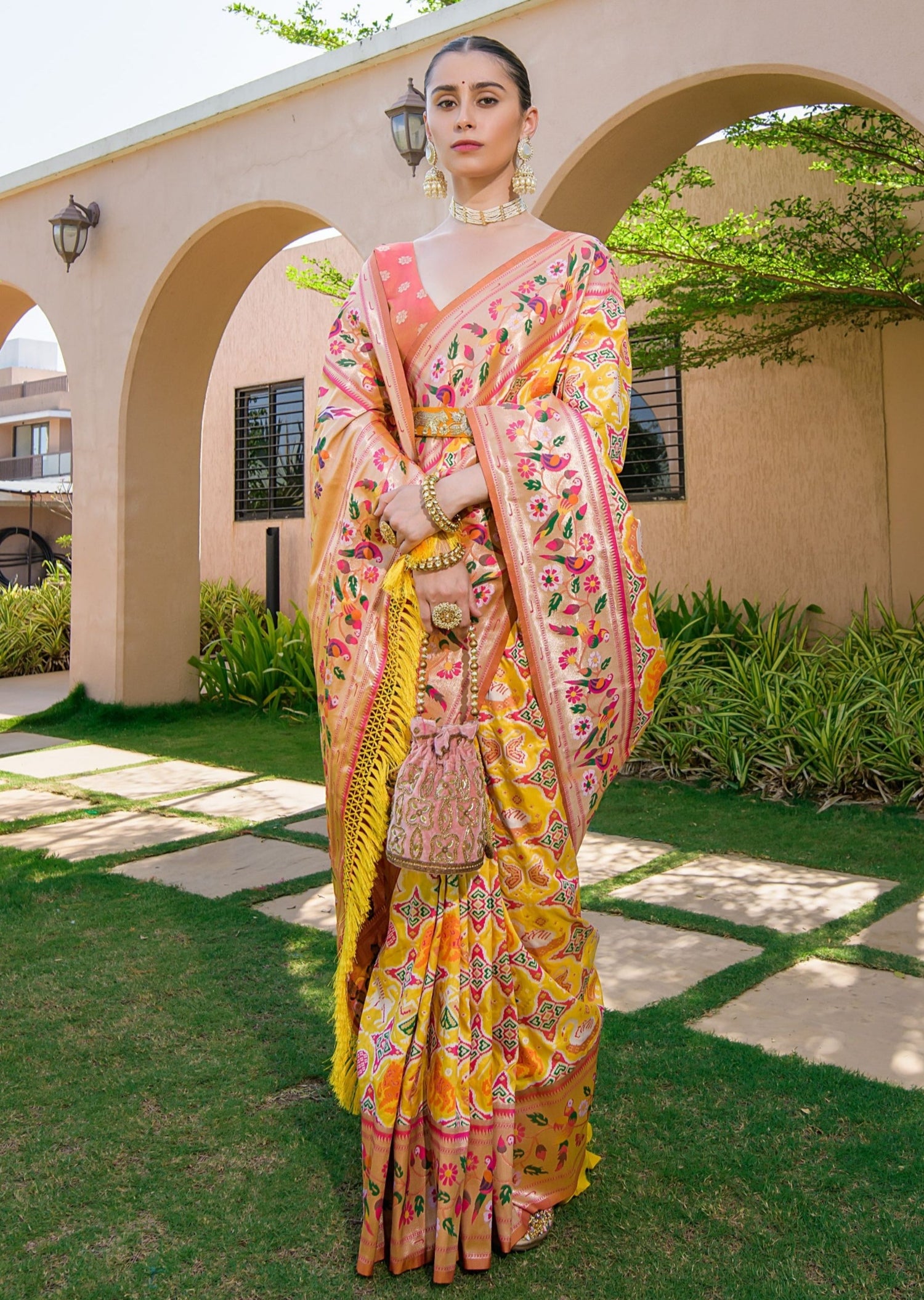 Original patola silk saree usa online shopping with price in yellow orange color.