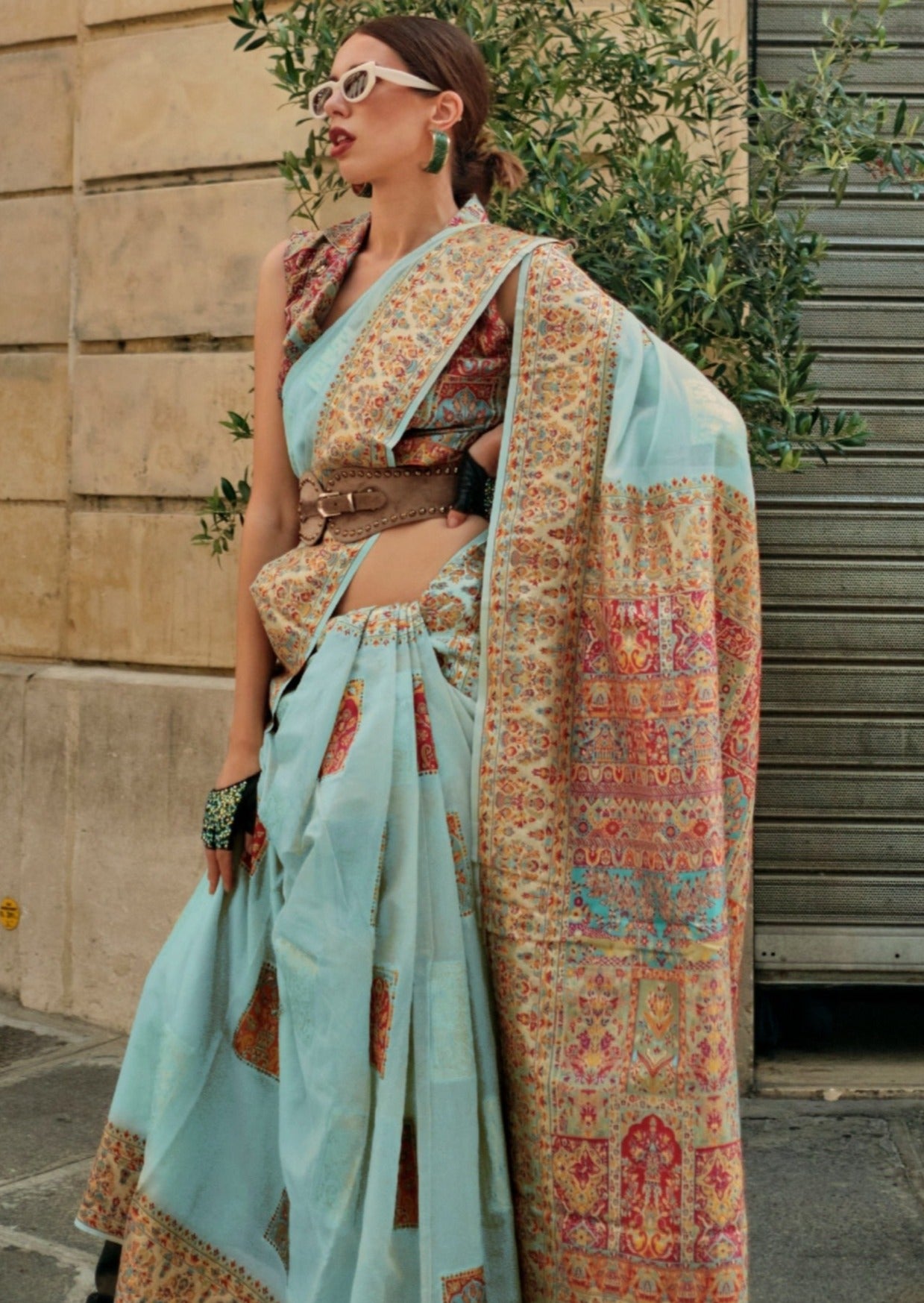 Original pure handloom kashmiri silk embroidered pastel blue saree online.