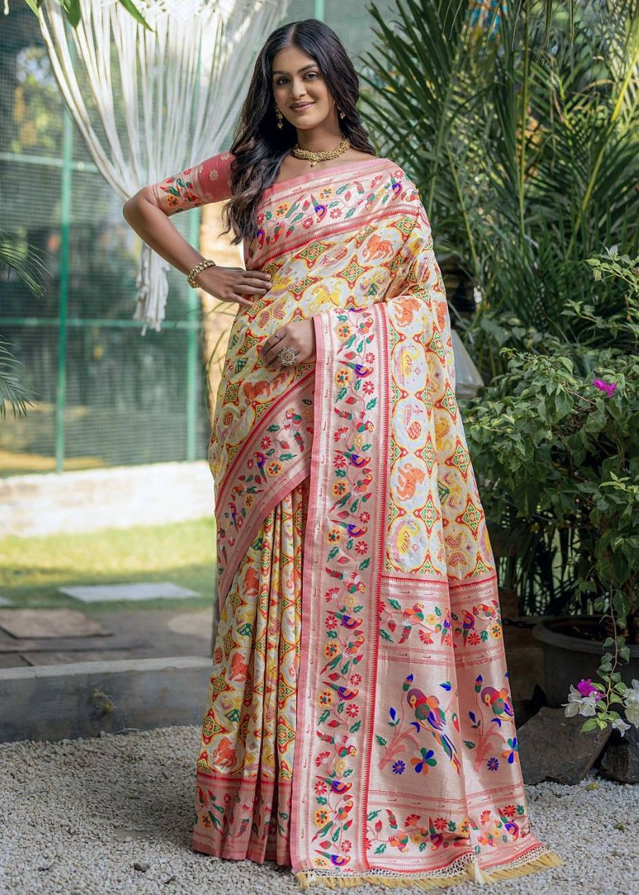 Paithani patola fusion off white banarasi handloom silk saree online shopping for bridal wear.