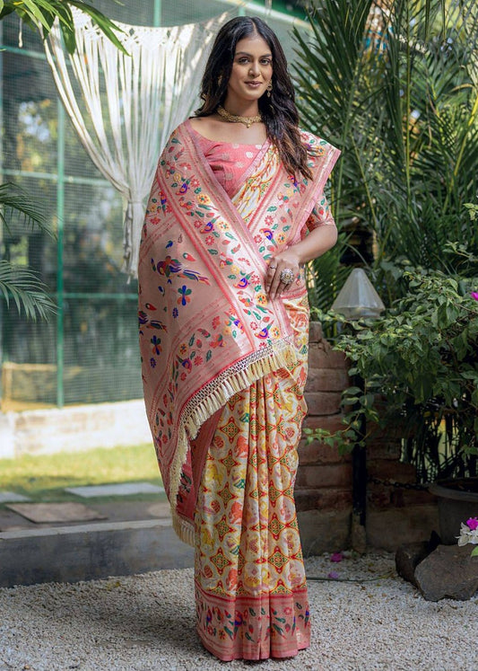 Paithani patola fusion off white banarasi handloom silk saree online shopping for wedding look.