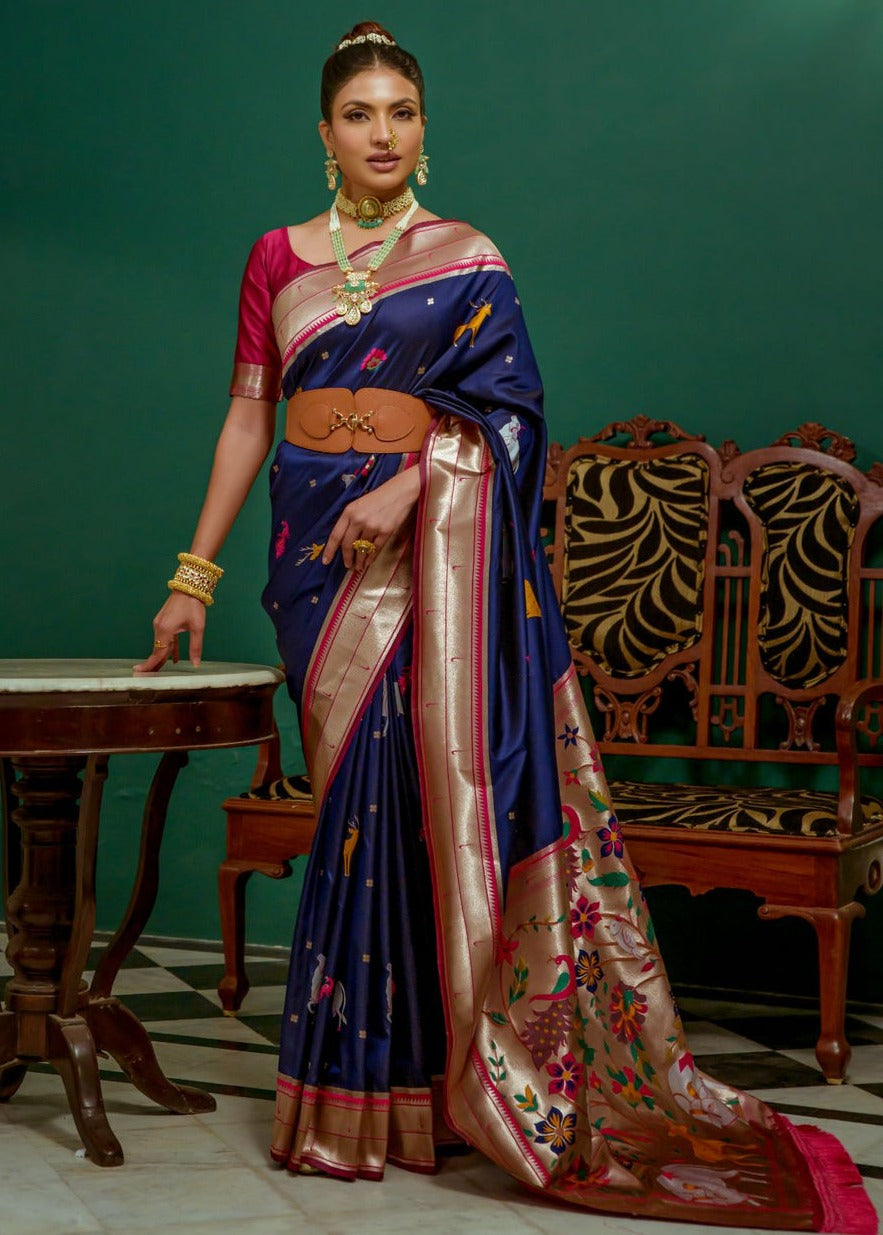 Paithani silk indigo blue saree in usa online shopping for indian wedding look.