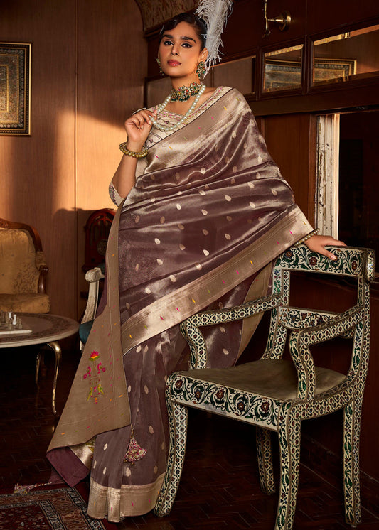 Paithani tissue silk chocolate brown saree in usa with cream embroidered blouse and peacock pallu.