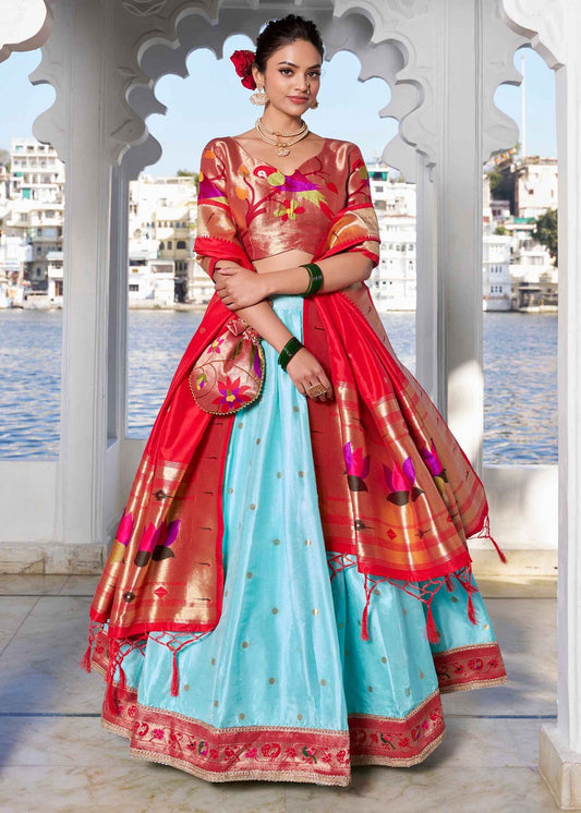 Zari weaving pastel blue paithani silk lehenga choli set for women, elegant traditional design.