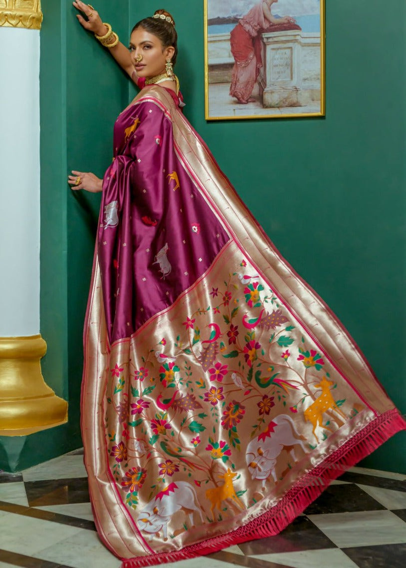 Pure paithani handloom silk magenta pink saree usa online shopping for indian wedding.