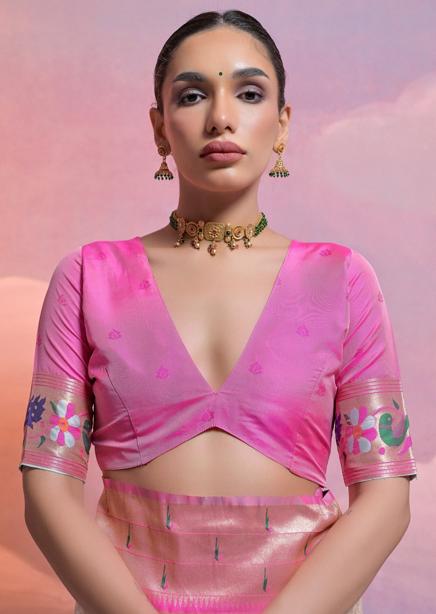 Paithani silk pastel pink handloom saree with muniya border online for bride.