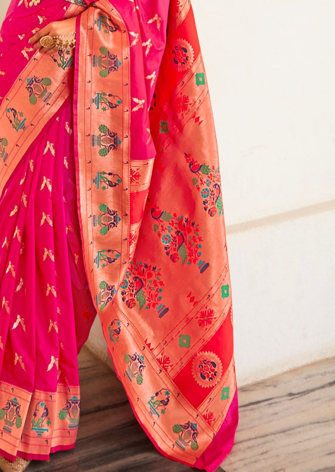 Pink colour Paithani Silk Saree pallu design with peacock motifs