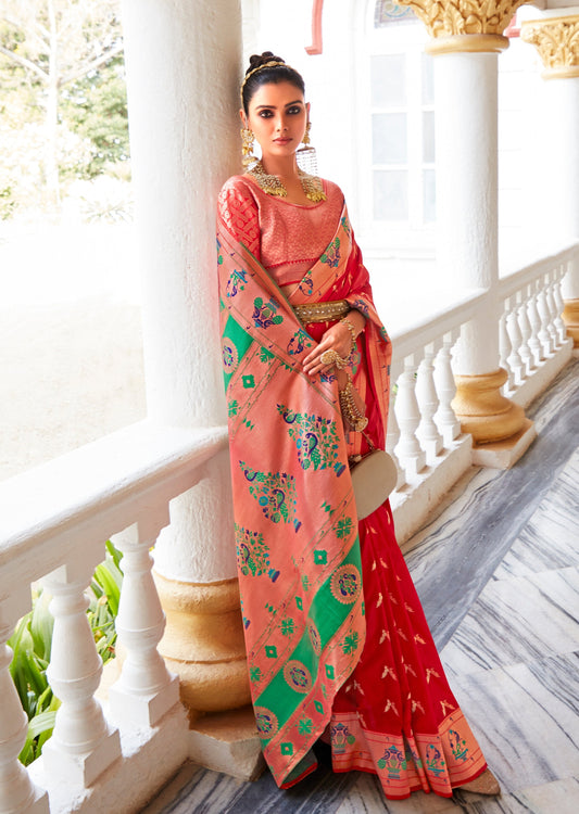 Woman in red Paithani saree blouse